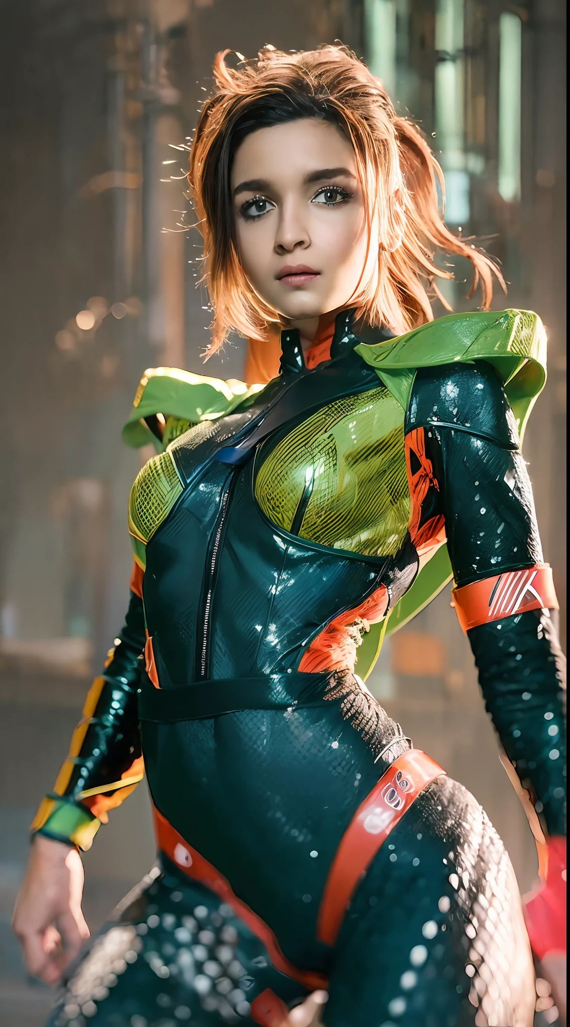 8K, Fuji Film, Photography, ((Green)) , Female redhead assassin and red background, red eyes, American actress face, Science fiction, fatal, scybernetic, Cyberpunk, Future punk, technical suit, Dynamic pose, Fighting stance, Highly detailed, absurderes, (Best quality), Full armor, Mecha, cybersuit, exosuit, Cape, ((green solid color backdrop)), Natural skin, Photography, Lifelike, Sexy, Busty, Cyberpunk , futur, fcPortrait,