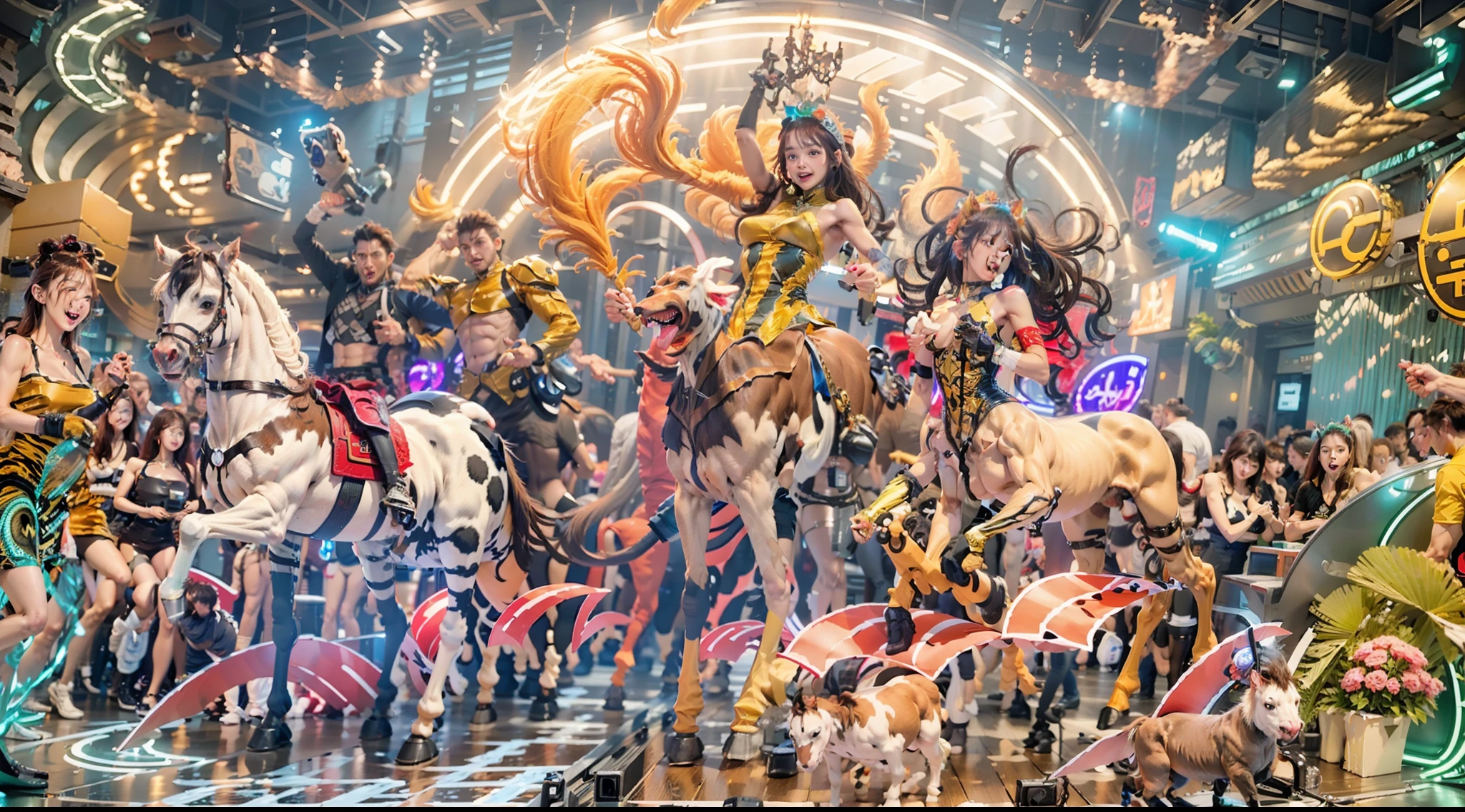 In the beautiful illustration of this super-grand scene，The ultra-distant shot shows eight unique centaur characters，They all have their own characteristics，Vivid and interesting。Radiant angelic centaurs from the heavenly realm，To the hellish centaurs surrounded by nightmarish flames，And then to the Wind Immortal Centaur dancing in the air，There are also one-horned centaurs surrounded by thunder and lightning，and mechanical centaurs that shine with metallic light，And then to the powerful dragon centaur with colored dragon scales covering the whole body，The elegant and agile elf centaur always wears a flower crown with its slender and graceful lines，Enchanting and charming Tiflin centaurs。Each character has their own unique charms and abilities。The illustration uses advanced artistic techniques and tools，Divide the scene into sections by geometric arrangement，Each section corresponds to a centaur character，This makes more efficient use of space。Through Midjourney's advanced brush tools、Color palette、Material packs and model packs，Exquisite costumes and equipment are designed for each centaur，Enhances the character's personality and visual appeal。The scenery in the illustrations is stunning，There are changing skies、rainbowing、extreme light、Stars and Moon。Incorporating iconic landmarks such as Mount Everest，and fireworks、tranquil lake、Natural and urban elements of waves and neon lights，Creates a magical atmosphere。The centaurs showed off their skills and equipment in a variety of environments，This is true even in extreme alien landscapes。Midjourney's tools make depicting details vivid and realistic，From intricate hairstyles and clothing to authentic textures，Enhances the realism of the characters and surroundings。The fusion of multiple art styles adds movement to the centaur's movement at all angles，The overall visual experience is further enriched。The final illustration was described as a "masterpiece"，It has the characteristics of "best quality" and "realistic"，The d