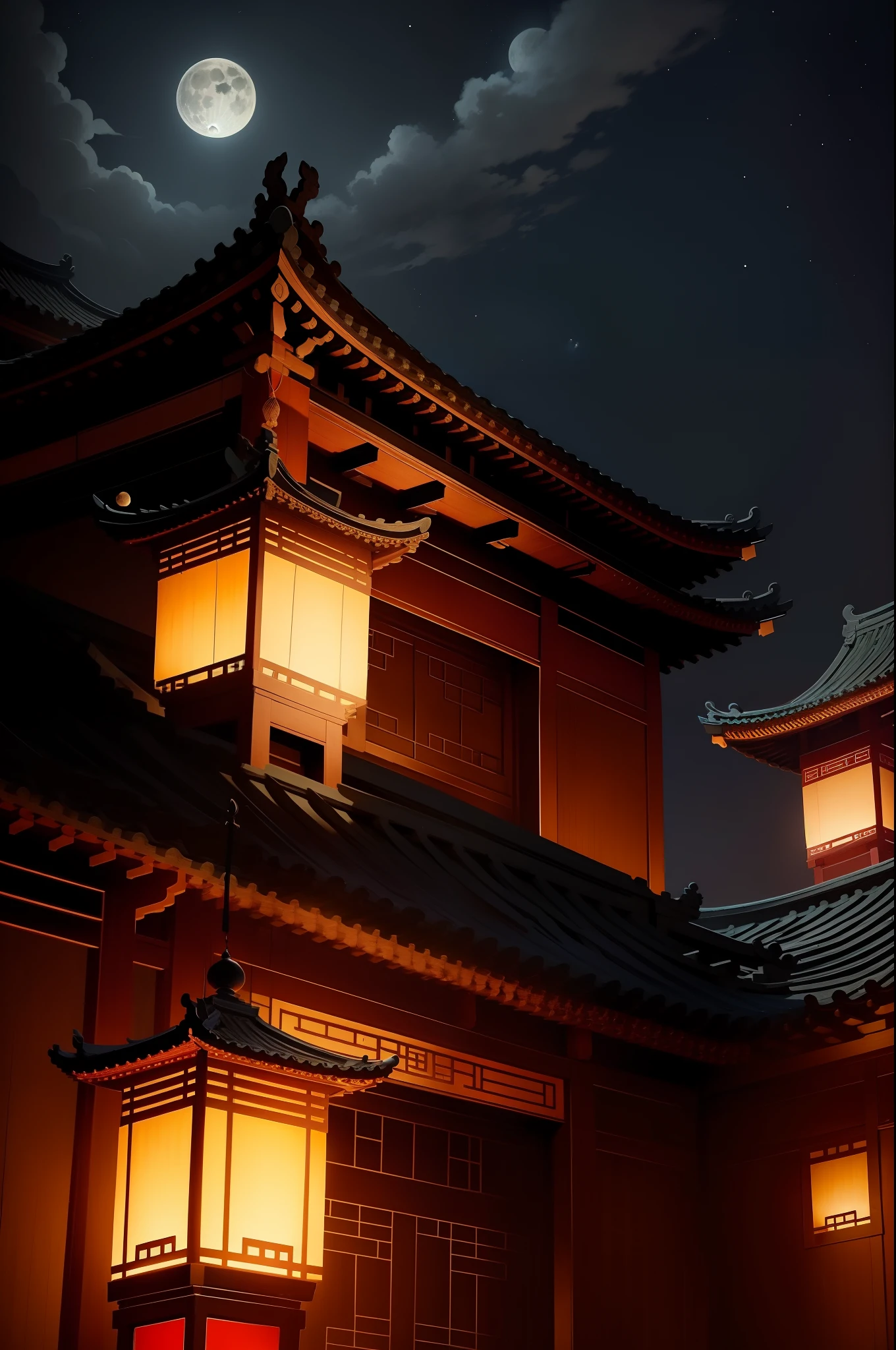 the night,Chinese Ancient Architecture,The background is a full moon,Black mountain silhouette,Paper lanterns glow floating in the night sky,Look up