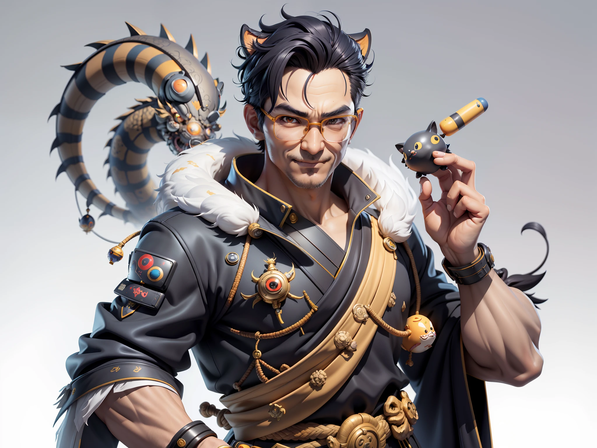 (Masterpiece), (Excellent), (Super Meticulous), (Full Body: 1.2), Super Young Man with Japanese Female Geisha, Pretty, Beautiful, Chinese Dragon, Tiger, Wind God Thor, Sexy, Bursting, Oriental Face, TV Anchor, Bust Portrait Illustration, Black Suit, Blue Tie, Slightly Chubby Face, Silver Glasses, Very Clean Face, No Beard on Chin, Black Super Short Hair, Black Eyes, Confident Smile, 3c Computer Sub-Products, iPad, iPhone, Digital Painting, 3D character design by Mark Clairedon and Pixar and Hayao Miyazaki and Akira Toriyama, the illustrations are HD illustrations in 4K resolution with highly detailed facial features and cartoon-style visuals.