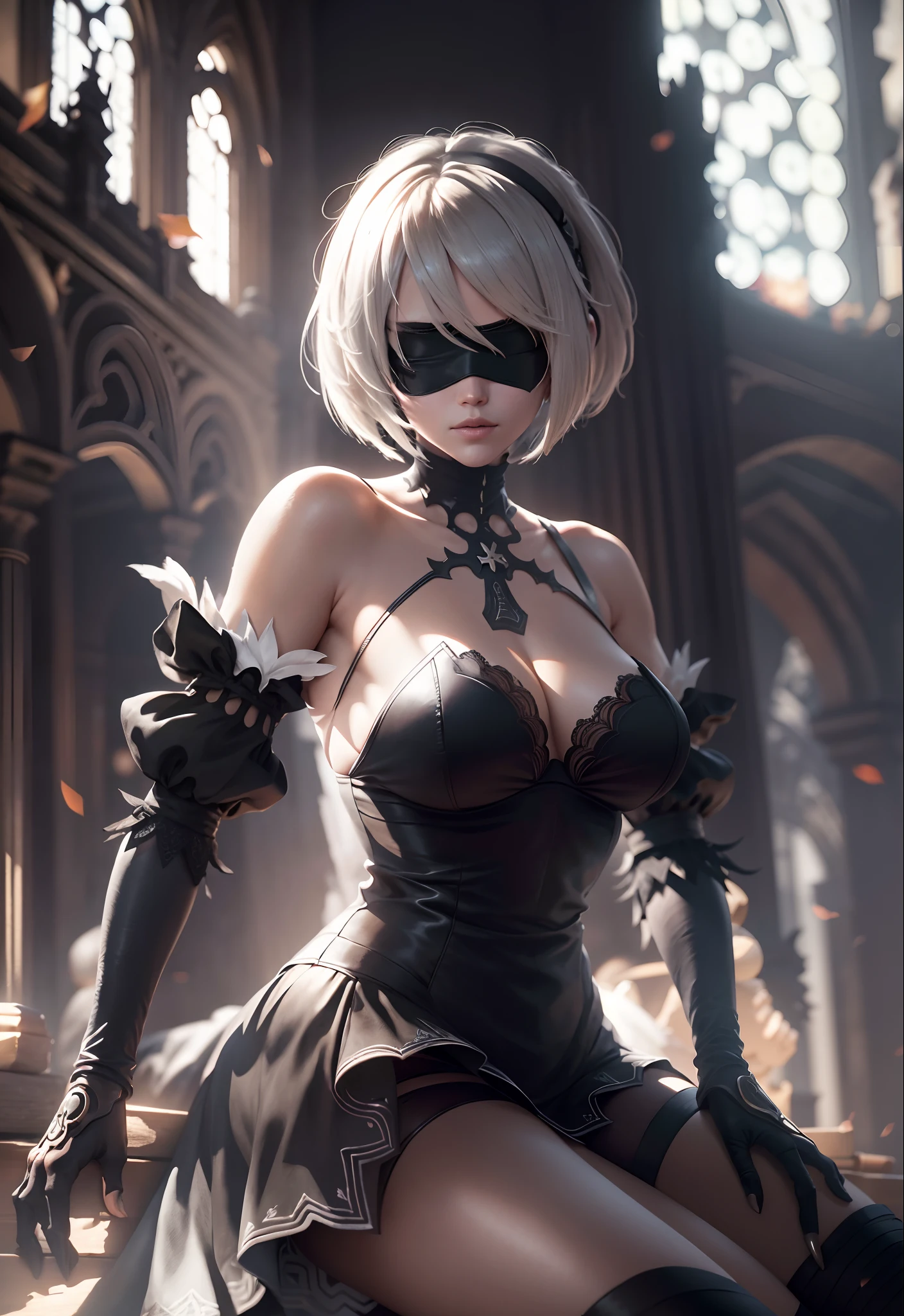 (Masterpiece, nier automata 2B with black blindfold on posing with her arms behind her head,1.5)  (Best Quality, cinematic lighting: 1.5), Perfect Eyes, Perfect Face, Volumetric Lighting,  sunlit atmosphere cinematic presentation,slight frills, Black Stockings, Seductive, background is a romantic nighttime cathedral setting, Super Close Shot, Very accentuated hourglass figure, skin is greasy.  Goose bumps. Beautiful long legs
