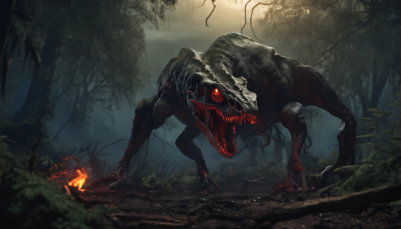 eldritch,dark forest,the night,In the middle of the trees stands a creepy Tyrannosaurus with burning eyes