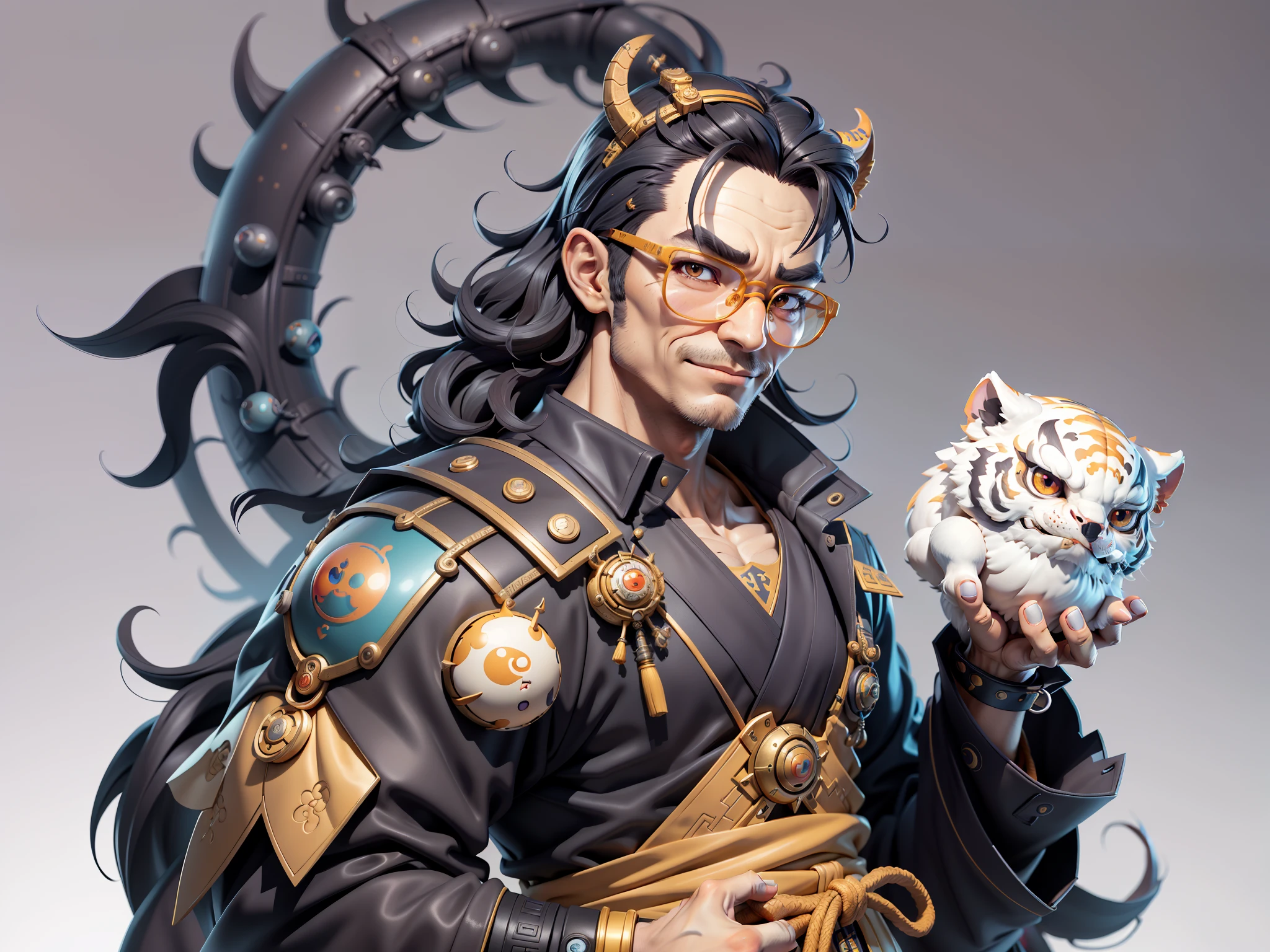 (Masterpiece), (Excellent), (Super Meticulous), (Full Body: 1.2), Super Young Man with Japanese Female Geisha, Pretty, Beautiful, Chinese Dragon, Tiger, Wind God Thor, Sexy, Bursting, Oriental Face, TV Anchor, Bust Portrait Illustration, Black Suit, Blue Tie, Slightly Chubby Face, Silver Glasses, Very Clean Face, No Beard on Chin, Black Super Short Hair, Black Eyes, Confident Smile, 3c Computer Sub-Products, iPad, iPhone, Digital Painting, 3D character design by Mark Clairedon and Pixar and Hayao Miyazaki and Akira Toriyama, the illustrations are HD illustrations in 4K resolution with highly detailed facial features and cartoon-style visuals.