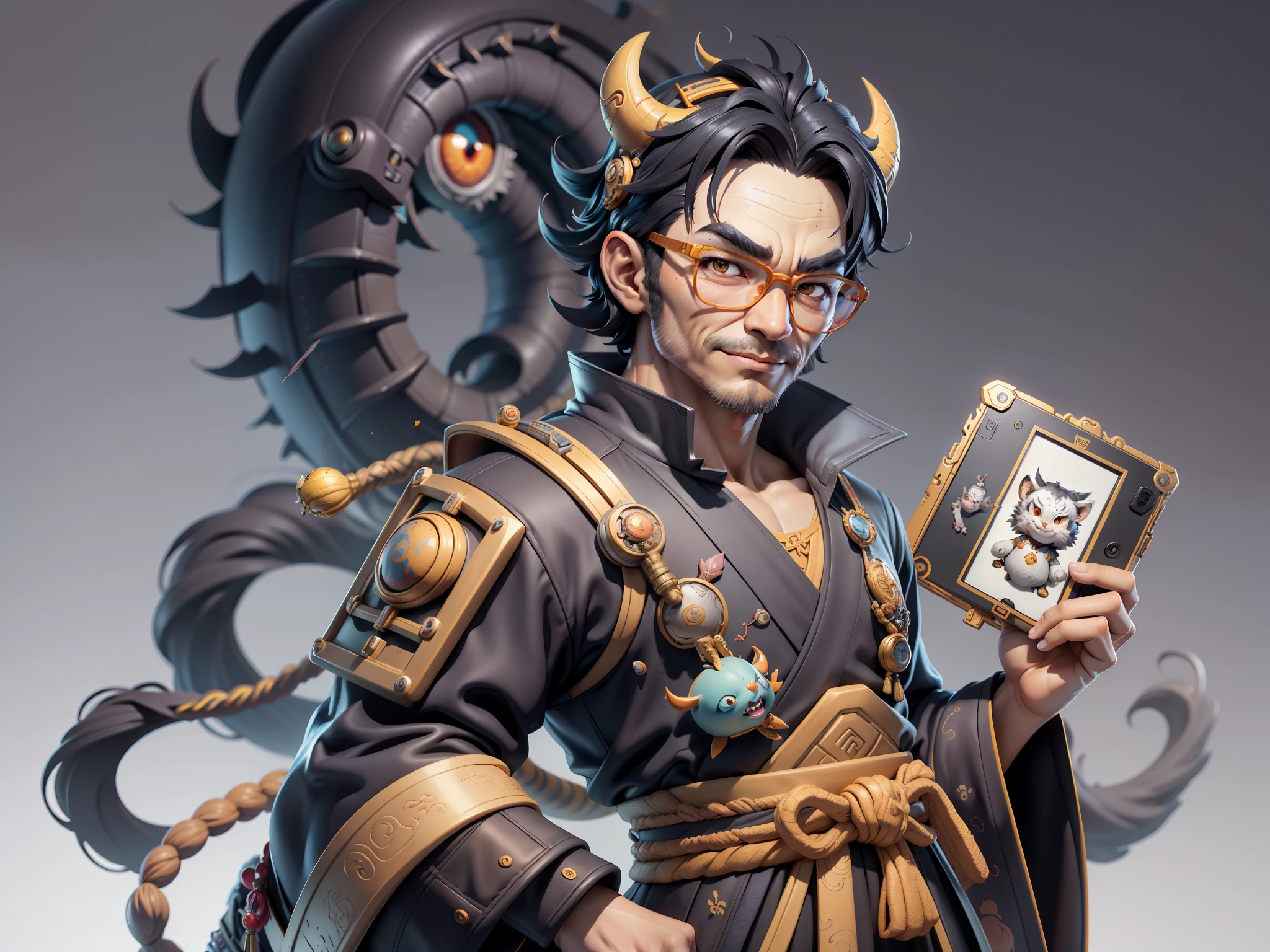 (Masterpiece), (Excellent), (Super Meticulous), (Full Body: 1.2), Super Young Man with Japanese Female Geisha, Pretty, Beautiful, Chinese Dragon, Tiger, Wind God Thor, Sexy, Bursting, Oriental Face, TV Anchor, Bust Portrait Illustration, Black Suit, Blue Tie, Slightly Chubby Face, Silver Glasses, Very Clean Face, No Beard on Chin, Black Super Short Hair, Black Eyes, Confident Smile, 3c Computer Sub-Products, iPad, iPhone, Digital Painting, 3D character design by Mark Clairedon and Pixar and Hayao Miyazaki and Akira Toriyama, the illustrations are HD illustrations in 4K resolution with highly detailed facial features and cartoon-style visuals.