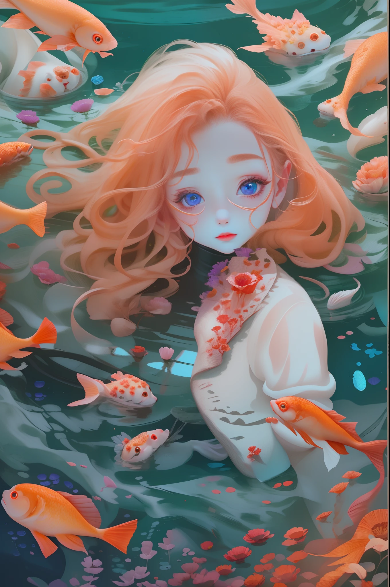 (((masterpiece))),bestquality,illustration,beautifuldetailedglow, paper_cut, 1girl, solo, quan,full body,(ocean floor、Marine life、Beautiful coral reef、The fish),Messy painting style，Hair flows in water