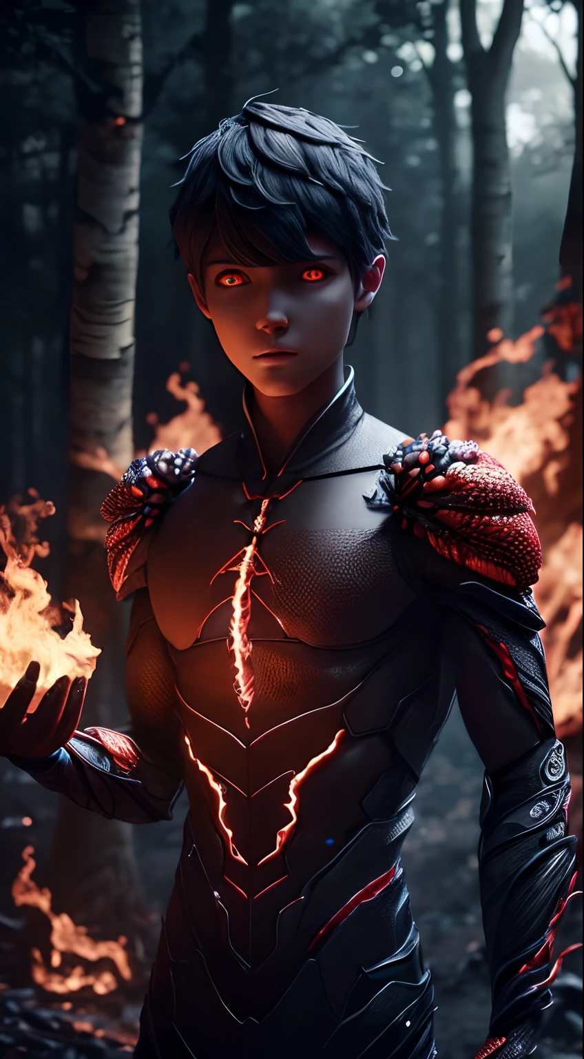 A humanoid boy，Cyan face and red eyes，Twisted branch style，Vray tracking，made of insects，on fire/char，Technical design，Supernatural creatures，Realistic characters，Underground fireflies，Burning blue cotton wool，The chest part is surreal，Extremely aesthetic