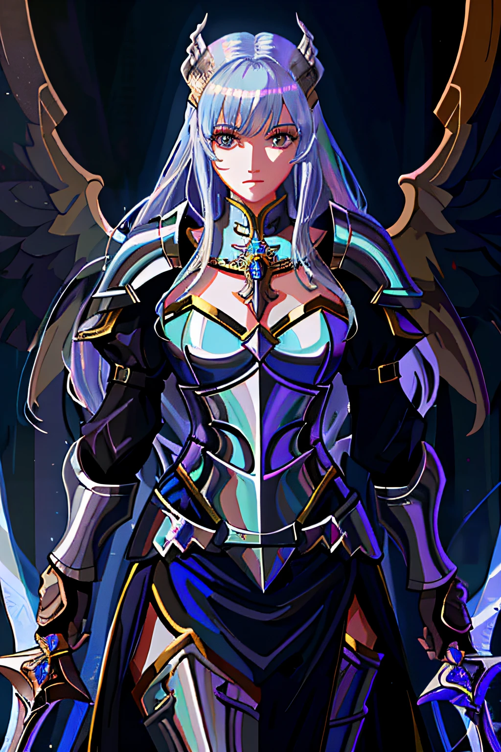 queen power armor , (gothic style), full body view , bellybutton, The most beautiful and sexy demon goddess, long white hair, glowing red eyes, wearing detailed black gothic battle armor, black angel wings, tattoos and piercings, gothic castle, perfect masterpiece, high quality, high resolution