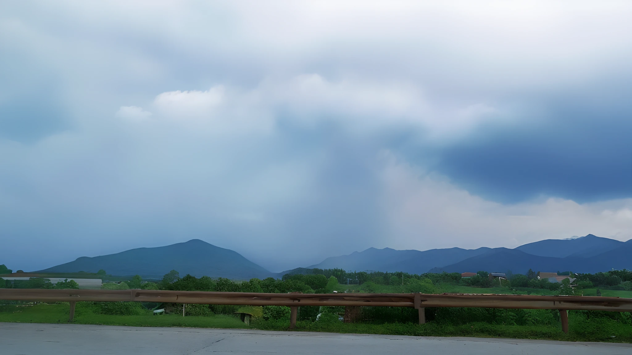scenery, forest, village, well, sky, clouds