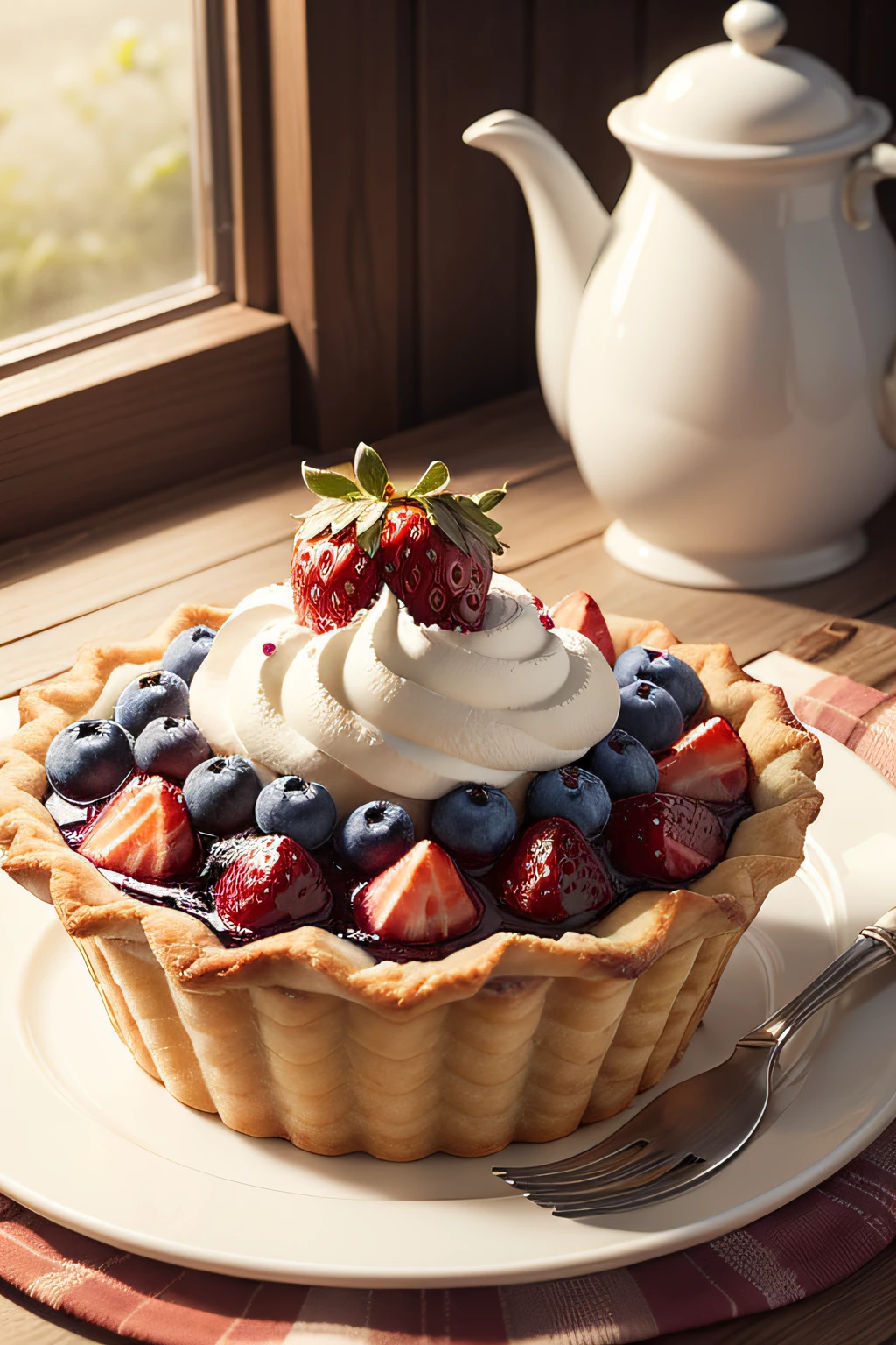 Blueberry pie with strawberries on a table with decoration
