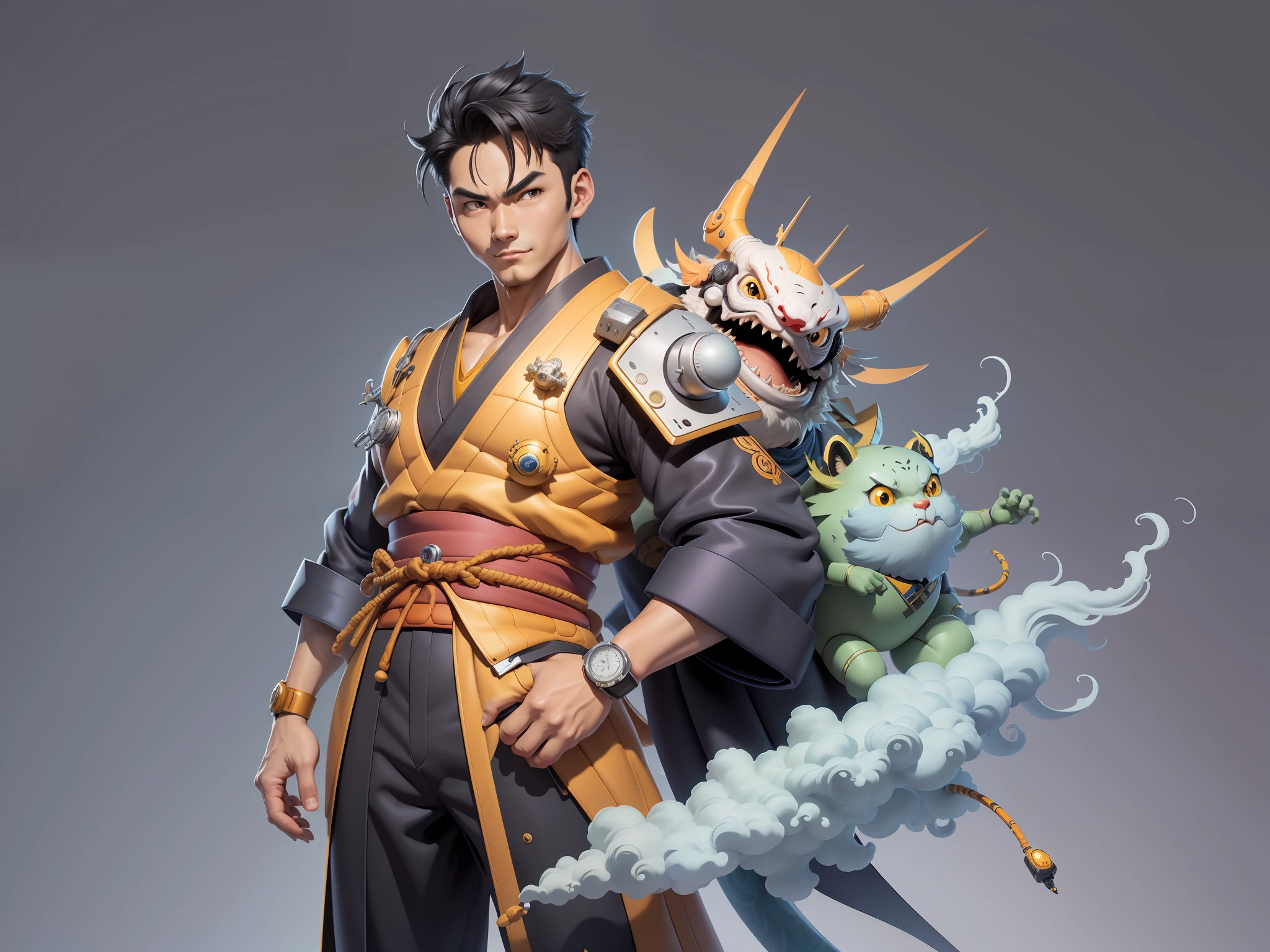(Masterpiece), (Excellent), (Super Meticulous), (Full Body: 1.2), Super Young Man, Oriental Face, Japanese Kimono, Japanese Wind Thunder God, Dragon, Tiger, TV Anchor, Bust Portrait Illustration, Alone, Black Suit, Blue Tie, Slightly Chubby Face, Very Clean Face, No Beard, Black Super Short Hair, Black Eyes, Confident Smile, 3c Computer Sub-Products, iPad, iPhone, Digital Painting, 3D Character Design by Akira Toriyama and Mark Claireden and Pixar and Hayao Miyazaki, The illustration is a high-definition illustration in 4K resolution with very detailed facial features and cartoon-style visuals.