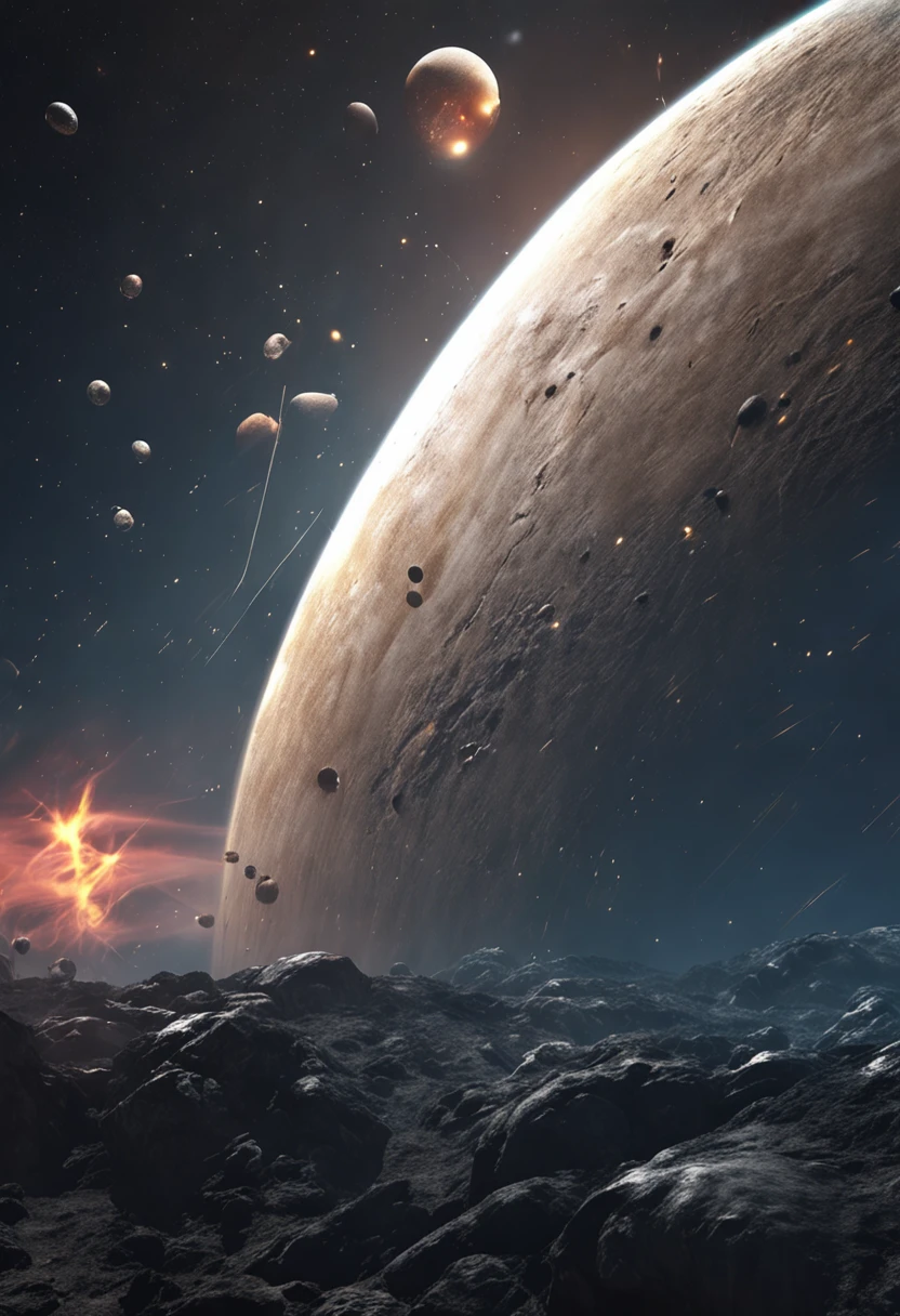 Strange white and yellow planets in cosmic darkness, High definition, Studio photo lighting, Gray brightness detail, 。.3D, 4D, Realistic style, film effect, with lightning bolts, Energy atmosphere, Plasma details