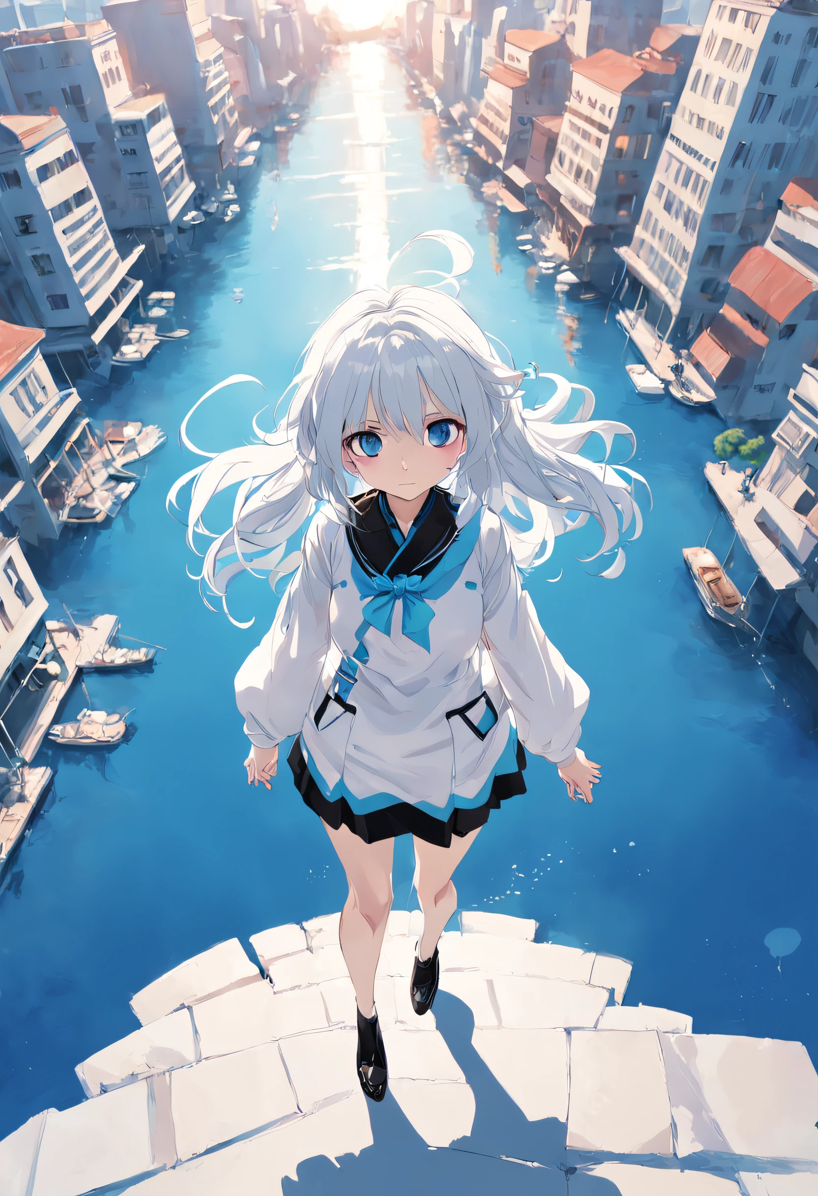 ​masterpiece,(top-quality),(1girl in) ,独奏,(highly contrast:1.2),(a high chroma:1.2), (Put your hands in your pockets)),((Black and white dress)),Look at viewers,((White and light blue theme:1.3)),((White and light blue background:1.5)),white  hair,blue eyess,((Walk:1.3)),full body Esbian,Black footwear,((Light blue water, White clouds and sun in the sky)),((From  above:1.2)), Fashionable, femele, with a vibrant, outfits, the pose, the front, Colorful, Dynamic, Background with, element, I'm confident, expresive, ngel, statement, accessorized, An majestic, coiled, surroundings, Touch, The scene, covers, It's bold, captures the attention, Titles, Stylish, Catchy, The large, Impressive, moderno, Trendy, Focus, lo fashion,