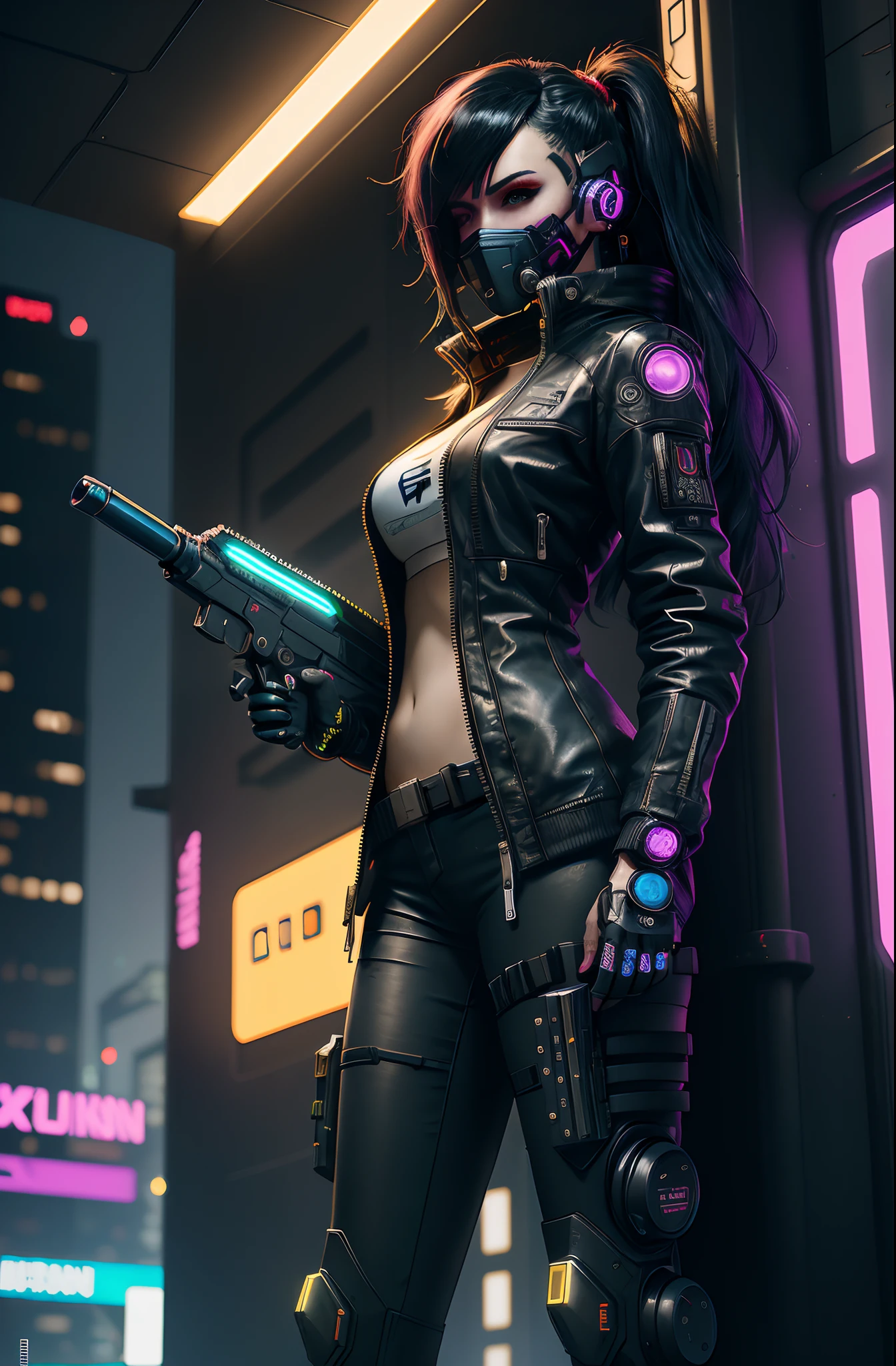cyberpunk 2077, daylight beautiful girl, realism, weapon