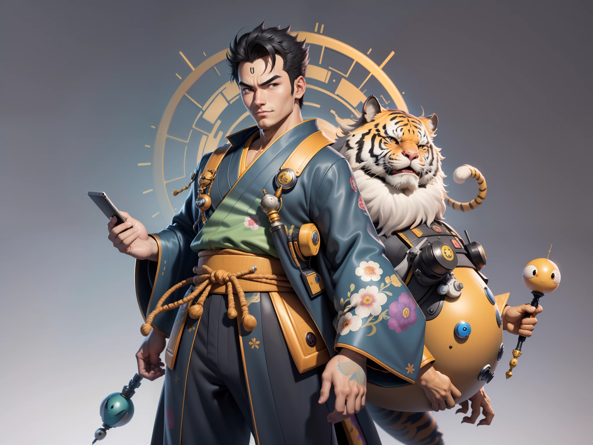 (Masterpiece), (Excellent), (Super Meticulous), (Full Body: 1.2), Super Young Man, Oriental Face, Japanese Kimono, Japanese Wind Thunder God, Dragon, Tiger, TV Anchor, Bust Portrait Illustration, Alone, Black Suit, Blue Tie, Slightly Chubby Face, Very Clean Face, No Beard, Black Super Short Hair, Black Eyes, Confident Smile, 3c Computer Sub-Products, iPad, iPhone, Digital Painting, 3D Character Design by Akira Toriyama and Mark Claireden and Pixar and Hayao Miyazaki, The illustration is a high-definition illustration in 4K resolution with very detailed facial features and cartoon-style visuals.