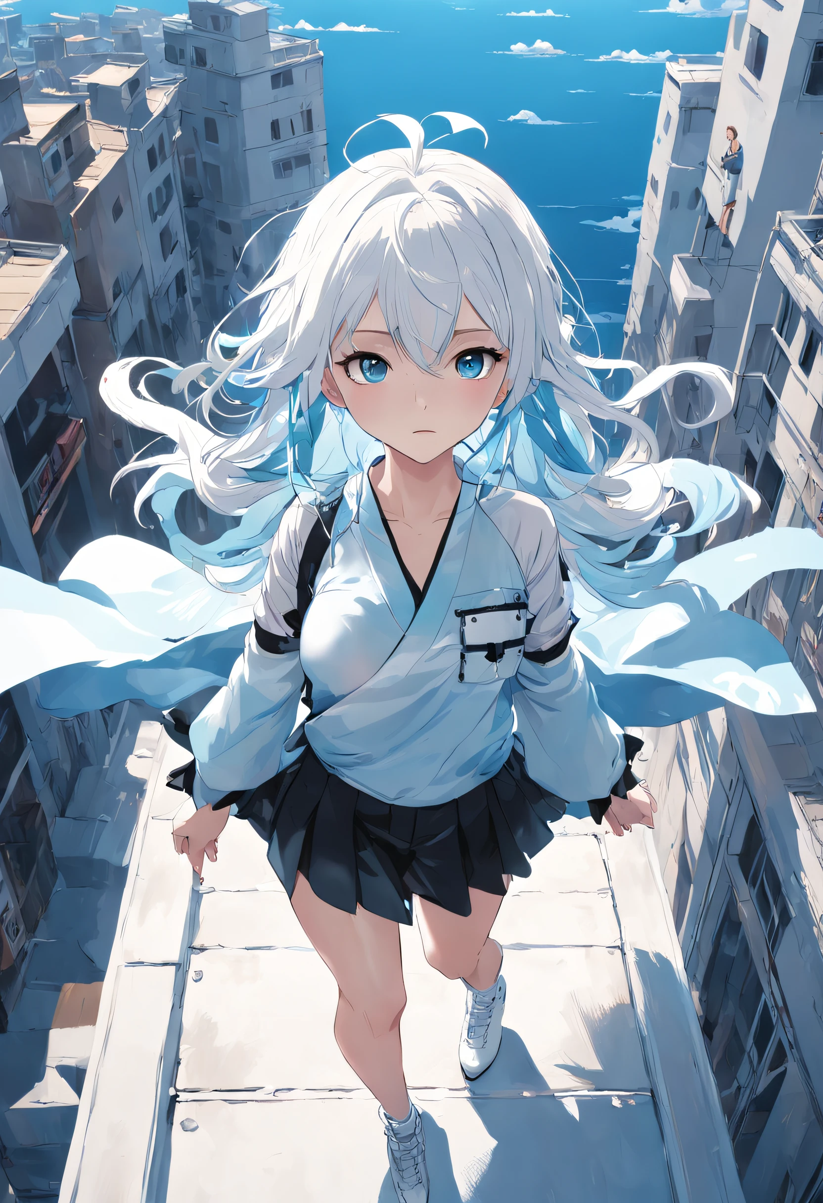 ​masterpiece,(top-quality),(1girl in) ,独奏,(highly contrast:1.2),(a high chroma:1.2), (Put your hands in your pockets)),((Black and white dress)),Look at viewers,((White and light blue theme:1.3)),((White and light blue background:1.5)),white  hair,blue eyess,((Walk:1.3)),full body Esbian,Black footwear,((Light blue water, White clouds and sun in the sky)),((From  above:1.2)), Fashionable, femele, with a vibrant, outfits, the pose, the front, Colorful, Dynamic, Background with, element, I'm confident, expresive, ngel, statement, accessorized, An majestic, coiled, surroundings, Touch, The scene, covers, It's bold, captures the attention, Titles, Stylish, Catchy, The large, Impressive, moderno, Trendy, Focus, lo fashion,