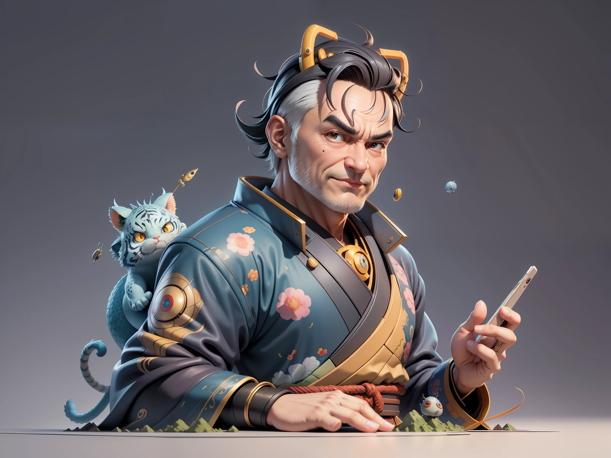 (Masterpiece), (Excellent), (Super Meticulous), (Full Body: 1.2), Super Young Man, Oriental Face, Japanese Kimono, Japanese Wind Thunder God, Dragon, Tiger, TV Anchor, Bust Portrait Illustration, Alone, Black Suit, Blue Tie, Slightly Chubby Face, Very Clean Face, No Beard, Black Super Short Hair, Black Eyes, Confident Smile, 3c Computer Sub-Products, iPad, iPhone, Digital Painting, 3D Character Design by Akira Toriyama and Mark Claireden and Pixar and Hayao Miyazaki, The illustration is a high-definition illustration in 4K resolution with very detailed facial features and cartoon-style visuals.