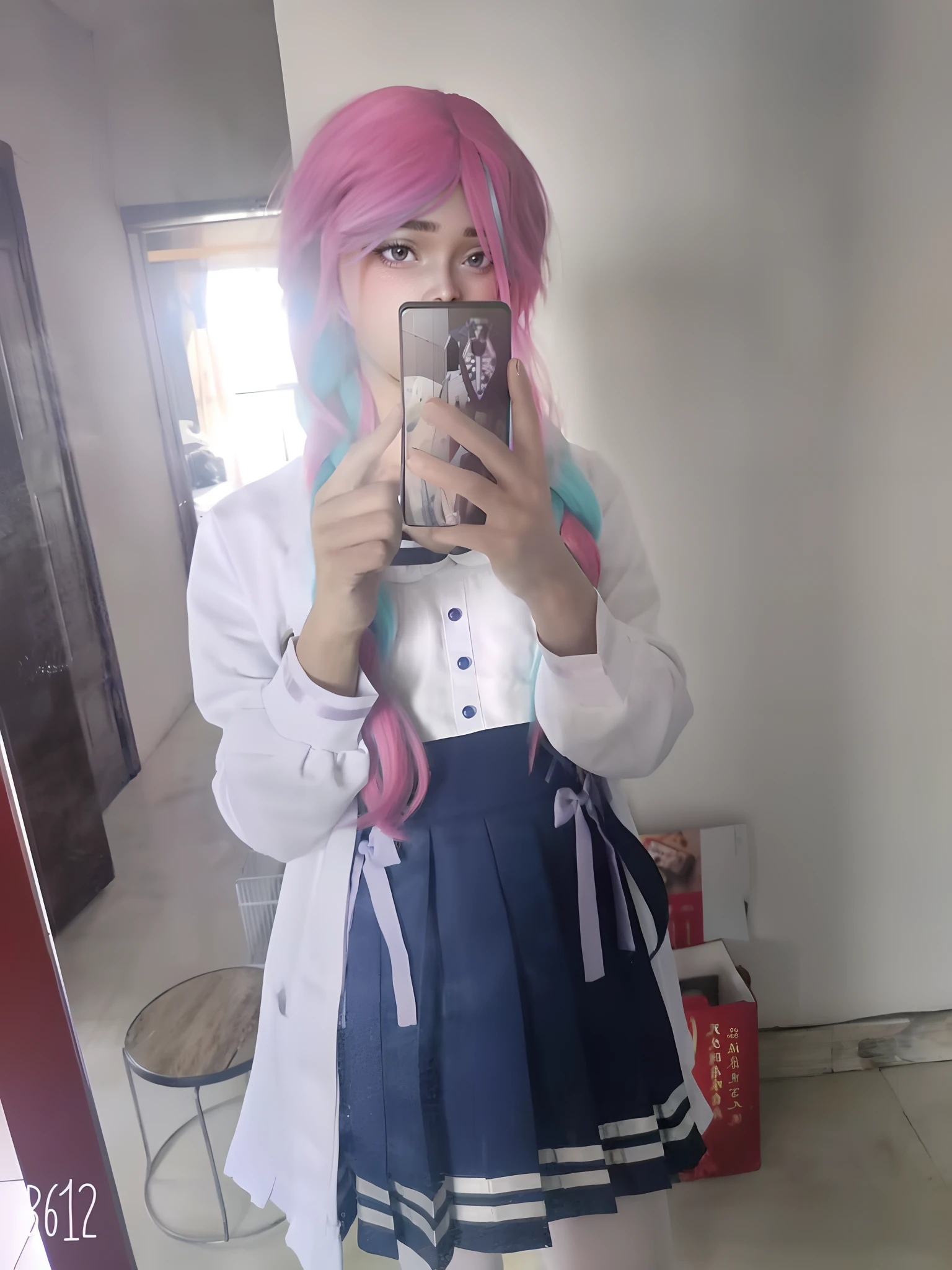 There was a woman with pink hair and a blue dress taking a picture, Anime girl cosplay, Anime cosplay, with pink hair, Magical school student uniform, Anime girl in real life, pink twintail hair and cyan eyes, Hatsune Miku cosplay, cosplay, as an anime character, rpgmaker, professional cosplay, 2 d anime style, JK school uniform, cosplay foto