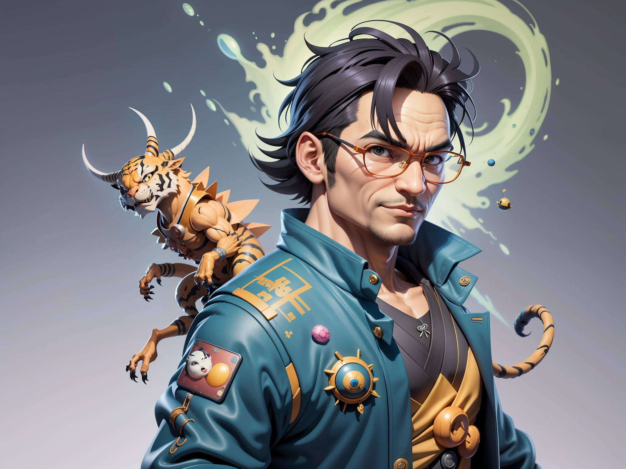 (Masterpiece), (Excellent), (Super Meticulous), (Full Body: 1.2), Super Young Man, Oriental Face, Japanese Kimono, Japanese Wind Thunder God, Dragon, Tiger, TV Anchor, Bust Portrait Illustration, Alone, Black Suit, Blue Tie, Slightly Chubby Face, Very Clean Face, No Beard, Black Super Short Hair, Black Eyes, Confident Smile, 3c Computer Sub-Products, iPad, iPhone, Digital Painting, 3D Character Design by Akira Toriyama and Mark Claireden and Pixar and Hayao Miyazaki, The illustration is a high-definition illustration in 4K resolution with very detailed facial features and cartoon-style visuals.