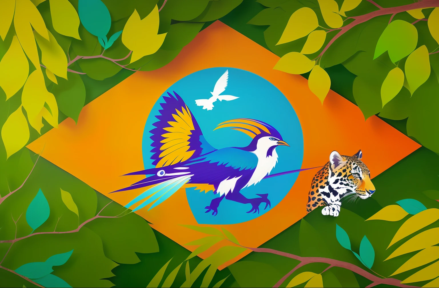 uma Arte realista de uma cena de selva com um tucano, leopardo, Artwork, ecological art , 8 k, fantasia, anime 4k, Arte digital altamente detalhada em 4k, 8k arte detalha de alta qualidade, Anime Wallpaper 4k anime wallpapers, , Arte digital detalhada em 4k, Anime Art Wallpaper 4K, Anime Art Wallpaper 4K , cinematrografica