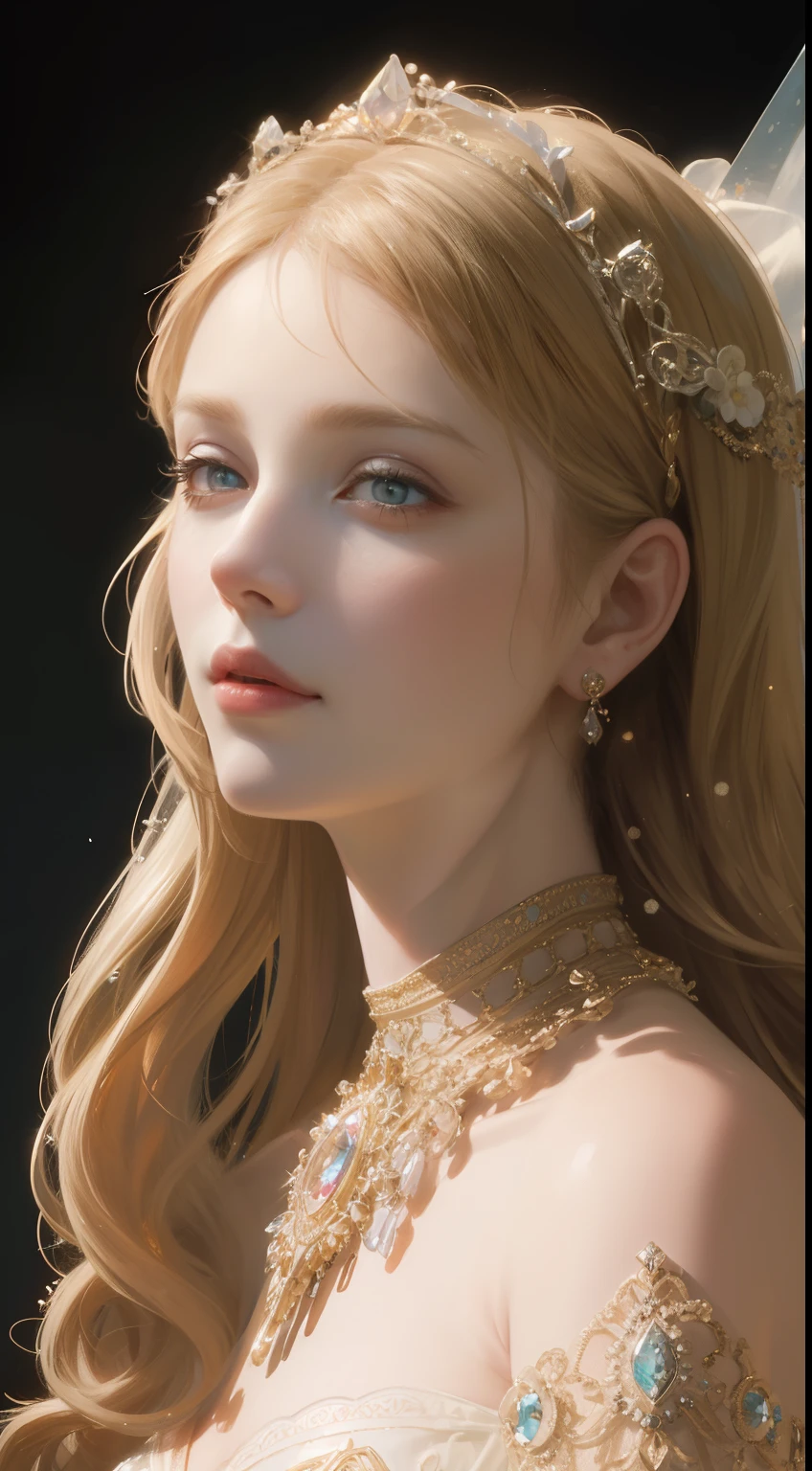 (Ultra-high quality masterpiece,A beautiful bust of a noble maiden,Classical braids,Clear eyes,Floral craftsmanship,Crystal jewelry,Ultra-fine details,Soft lighting)