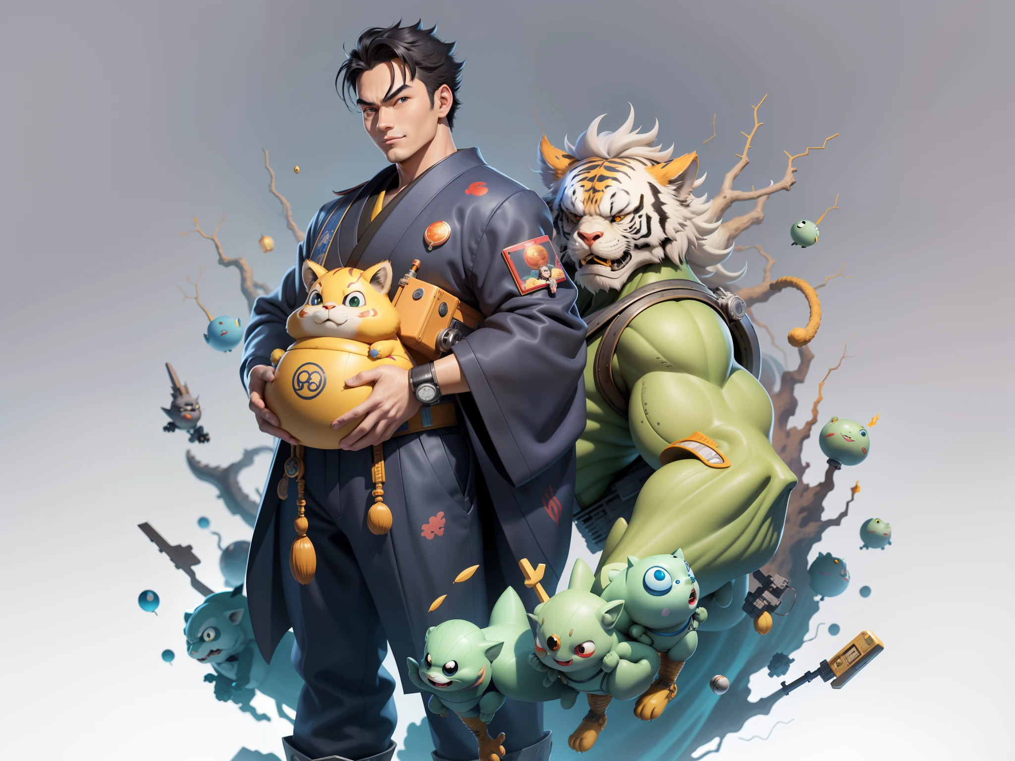 (Masterpiece), (Excellent), (Super Meticulous), (Full Body: 1.2), Super Young Man, Oriental Face, Japanese Kimono, Japanese Wind Thunder God, Dragon, Tiger, TV Anchor, Bust Portrait Illustration, Alone, Black Suit, Blue Tie, Slightly Chubby Face, Very Clean Face, No Beard, Black Super Short Hair, Black Eyes, Confident Smile, 3c Computer Sub-Products, iPad, iPhone, Digital Painting, 3D Character Design by Akira Toriyama and Mark Claireden and Pixar and Hayao Miyazaki, The illustration is a high-definition illustration in 4K resolution with very detailed facial features and cartoon-style visuals.