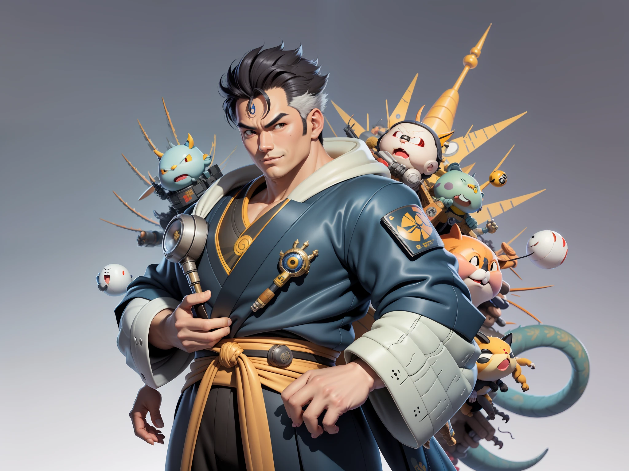 (Masterpiece), (Excellent), (Super Meticulous), (Full Body: 1.2), Super Young Man, Oriental Face, Japanese Kimono, Japanese Wind Thunder God, Dragon, Tiger, TV Anchor, Bust Portrait Illustration, Alone, Black Suit, Blue Tie, Slightly Chubby Face, Very Clean Face, No Beard, Black Super Short Hair, Black Eyes, Confident Smile, 3c Computer Sub-Products, iPad, iPhone, Digital Painting, 3D Character Design by Akira Toriyama and Mark Claireden and Pixar and Hayao Miyazaki, The illustration is a high-definition illustration in 4K resolution with very detailed facial features and cartoon-style visuals.