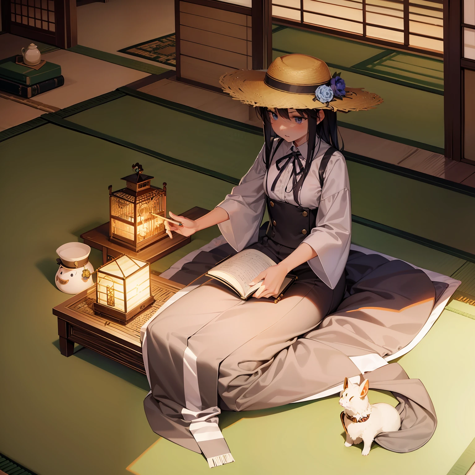 {{{{{masutepiece,Best Quality,ultra-detailliert}}}}},a straw fedora hat,diary,notebook,Insect cage,On tatami mats,