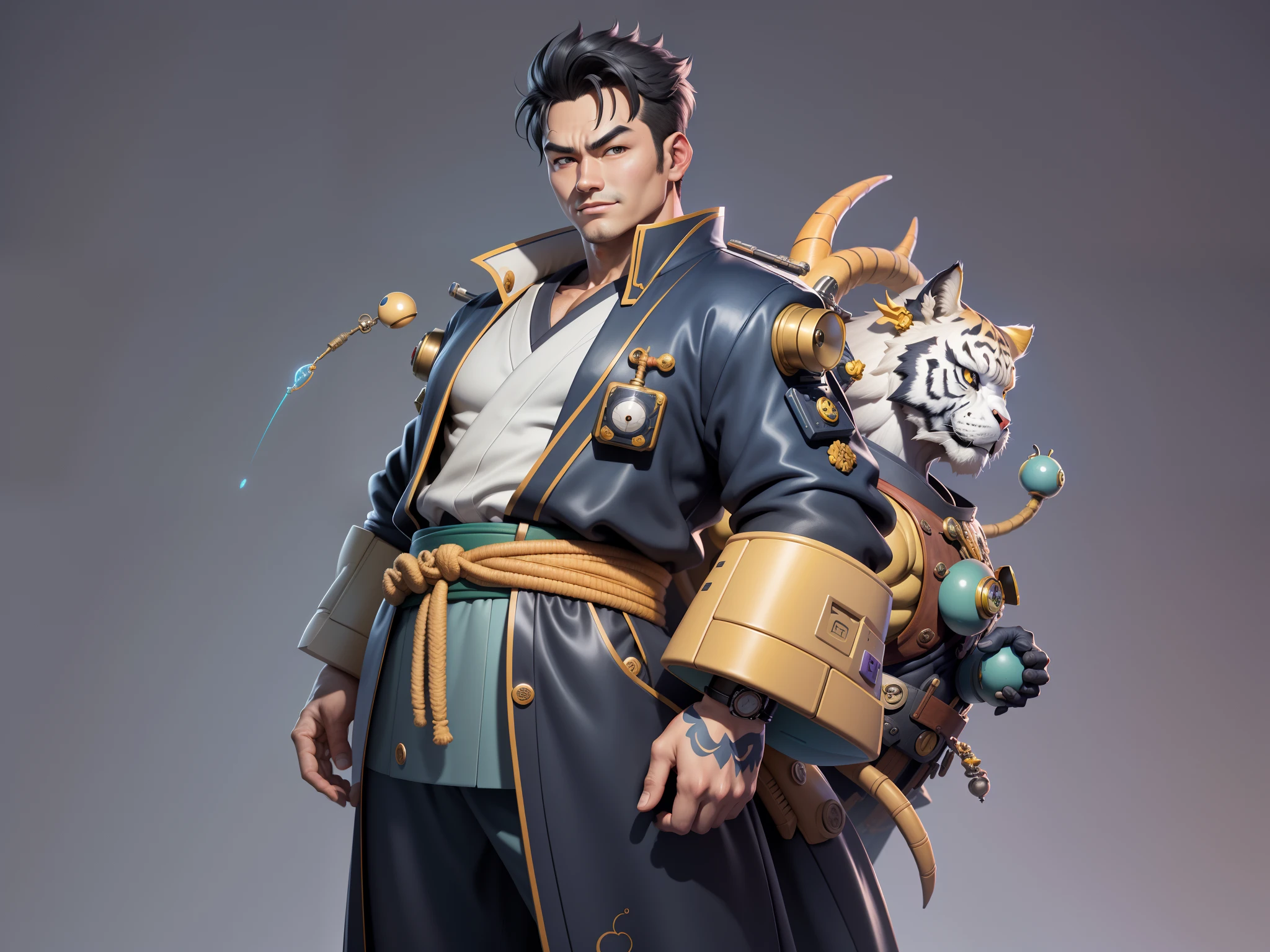 (Masterpiece), (Excellent), (Super Meticulous), (Full Body: 1.2), Super Young Man, Oriental Face, Japanese Kimono, Japanese Wind Thunder God, Dragon, Tiger, TV Anchor, Bust Portrait Illustration, Alone, Black Suit, Blue Tie, Slightly Chubby Face, Very Clean Face, No Beard, Black Super Short Hair, Black Eyes, Confident Smile, 3c Computer Sub-Products, iPad, iPhone, Digital Painting, 3D Character Design by Akira Toriyama and Mark Claireden and Pixar and Hayao Miyazaki, The illustration is a high-definition illustration in 4K resolution with very detailed facial features and cartoon-style visuals.