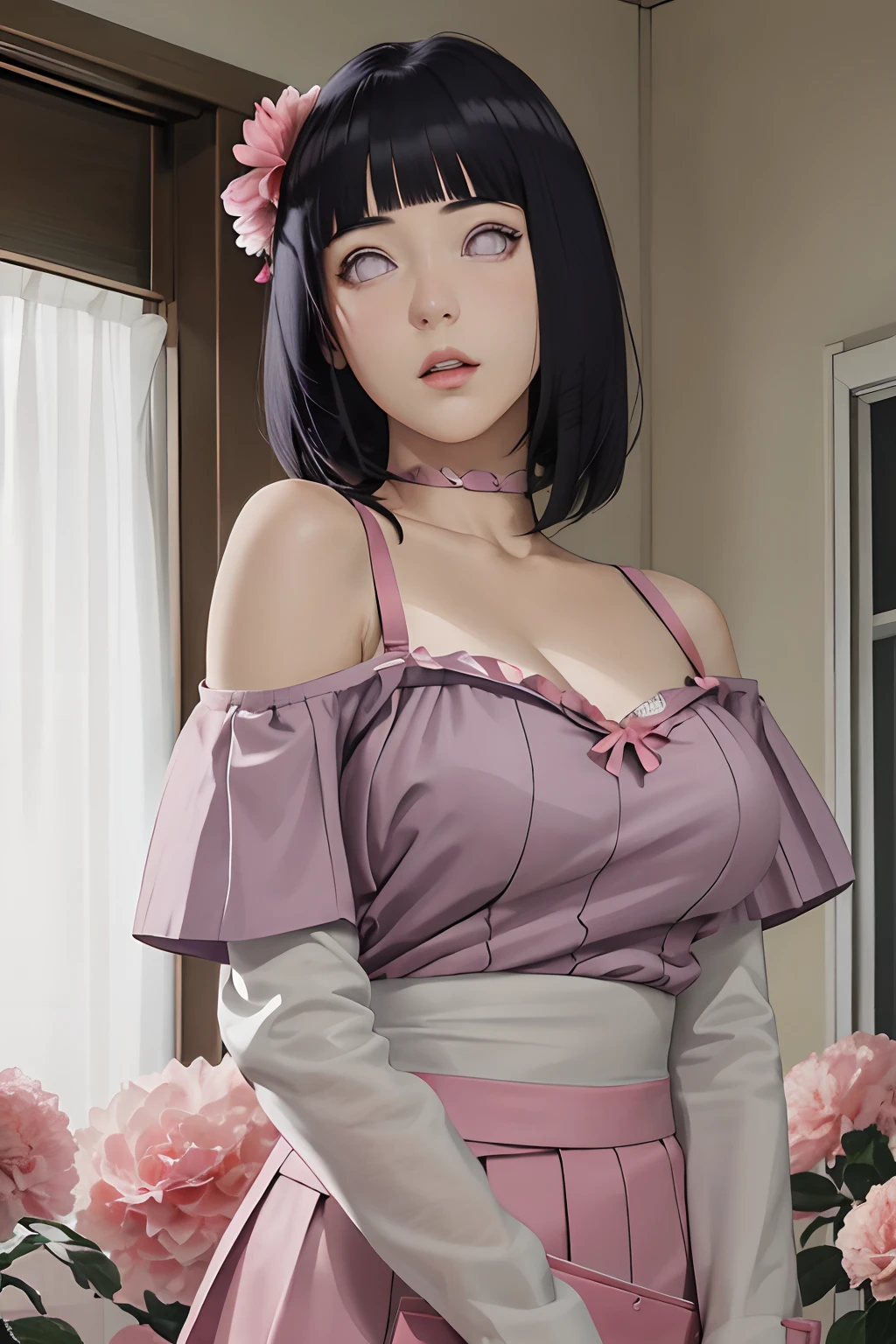 masterpiece, absurdres, hinata\(boruto\), 1girl, solo,mature female, off-shoulder strap bra, high waist short skirt, looking at viewer, (falling petals), perfect composition, detailed lips, big breast, beautiful face, body propotion, blush, (pink lips), long hair, purple eyes, soft gaze, super realistic, detailed, photoshoot, realistic face and body,