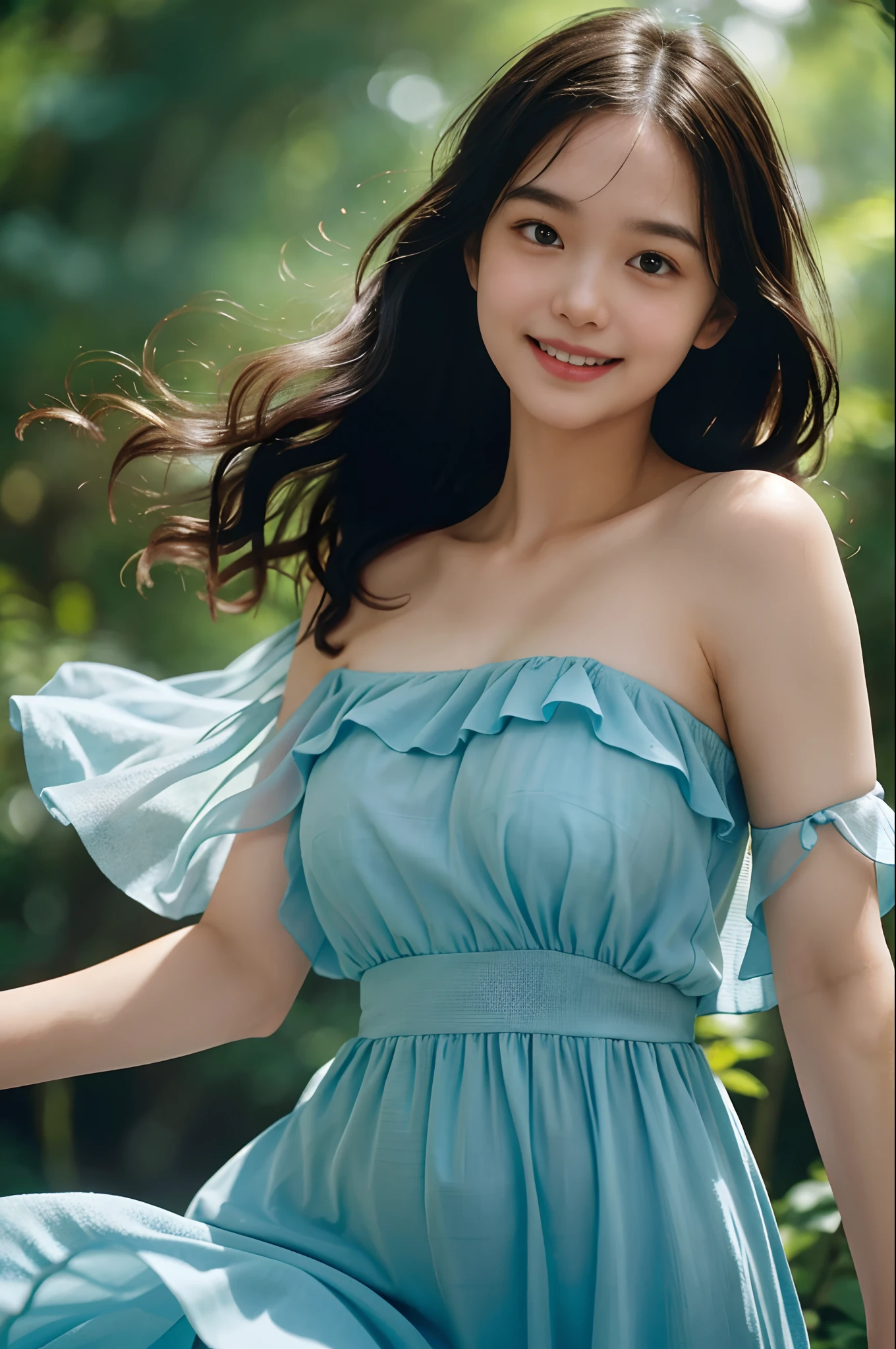 film portrait photography, 1girl, bare shoulders, wavy shoulder-length hair, serene, calm, (realistic detailed eyes, natural skin texture, realistic face details), soft dramatic lighting, depth of field, bokeh, vibrant details, finely detailed, hyperrealistic, 35mm film, hazy blur, filmg,happy smile, dancing, transparent blue spring dress, construction site