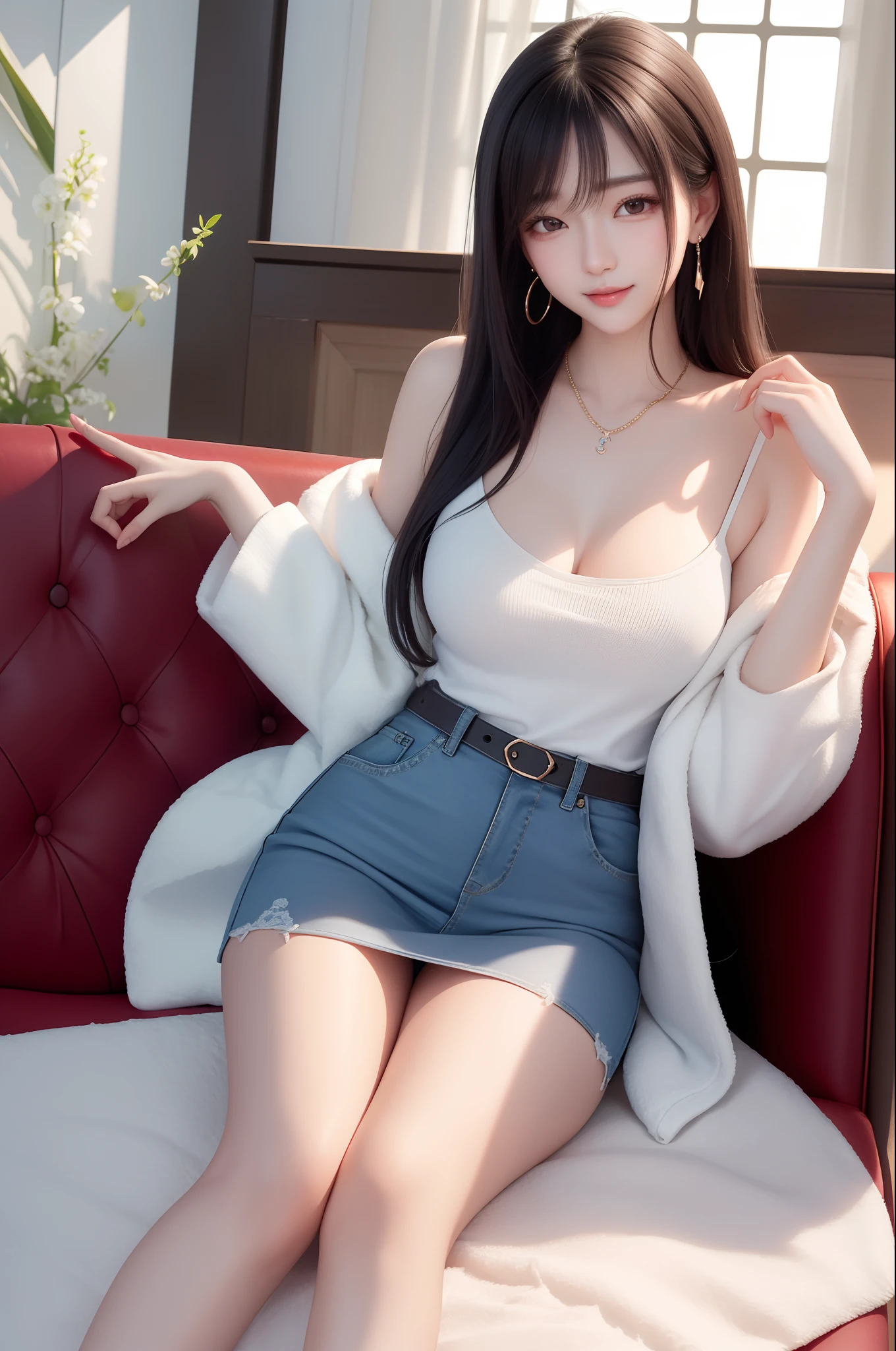 blushing embarassed smiling ilicheng, 
Mouth closed, Balanced eyes,
(Best quality details:1.2),Realistic,8K high definition,(1girll:1),Ultra detailed,High quality texture,Intricate details,Detailed texture,finely detailed,High detail,Extremely detailed CG,Highqualityshadow,Detailed beautiful delicate face,Detailed beautiful delicate eyes,Depth of field,Ray tracing,(a beautiful 25 age years old sexy korean taiwan girl:1),Medium breast, Tall_Female, Beautiful_Legs, Glow eyes,Blush,  Perfect body,Skinny, 
Blurred indoor background, 
transparent 
fashionable
Jeans, 
 
formal
Ring,

 Open coat:1.1, [brown_Skirt]:1, Stockings and garter belts:1.2,  Straight hair, cozy living room, Sunlight, kneeling on the sofa, Earrings,necklace, model, view the viewer, Dynamic pose, 

 ulzang-6500-v1.1:0.01