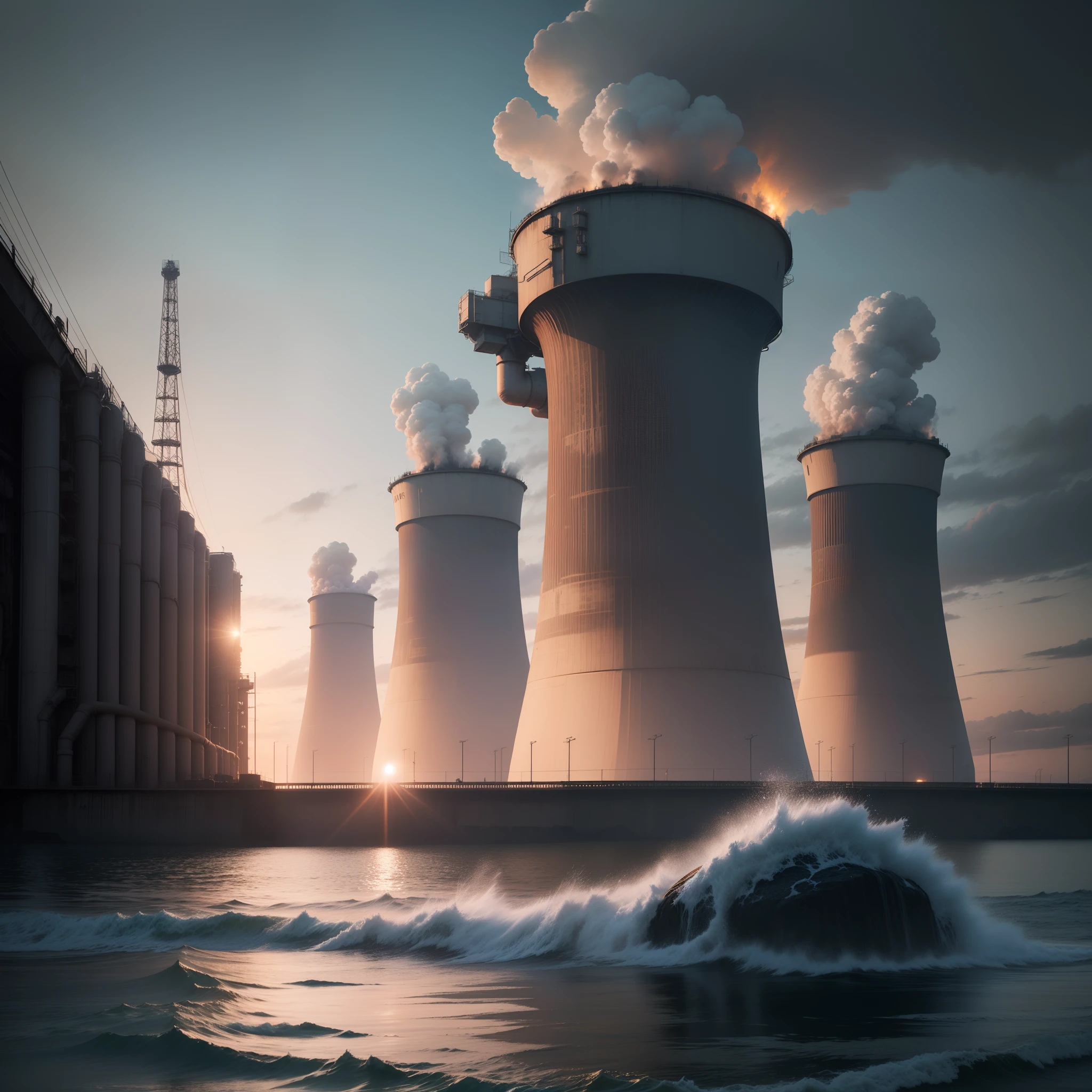 tmasterpiece，HighestQuali，Super A resolution，Best contrast，best detail，Doomsday style，Dark red sky，Anime style，2.2D，islands，nuclear power plant, Huge building，nuclear power plant，beachside，Black smoke billowed from the nuclear power plant，Huge pipes stretch out to the sea，Spray black sewage，Faraway view