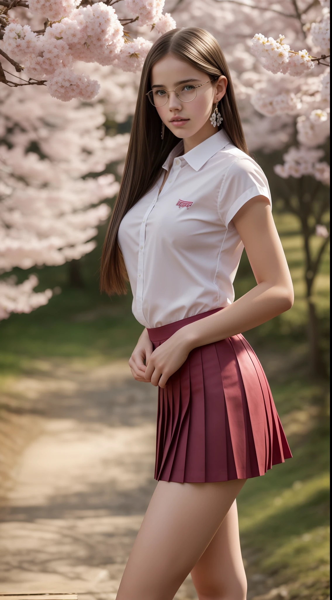 Beautiful young Margaret Qualley, , white skin tone, eyeglasses, large drop earrings, female school uniform, pleated skirt, high heels, midday sun, hyperrealistic, model body, small breasts, beautiful breasts, long hair, Hair straight hair, red tips, long legs, 8k, 超High resolution, best quality, on the frozen mountain, RAW portrait, photorealistic, cherry blossom, ambient lighting, detailed shadows, camera focus on thighs, sexy pose , a large amount of cloudy liquid oozes from the genitals, strong wind, mild fog