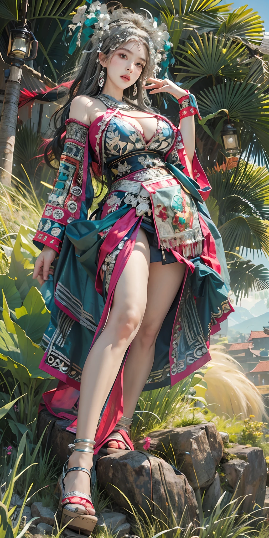 Photorealistic, high resolution, Soft light,1womanl, Solo, Hips up, shiny skins, (Detailed face), plateau,Blue sky,grass field,extreme detailed details,torogao, Hmong clothing, crown,huge-breasted,Big breasts Thin waist,extra long leg,nakeness,Bare breasts,Superskirt,high-heels