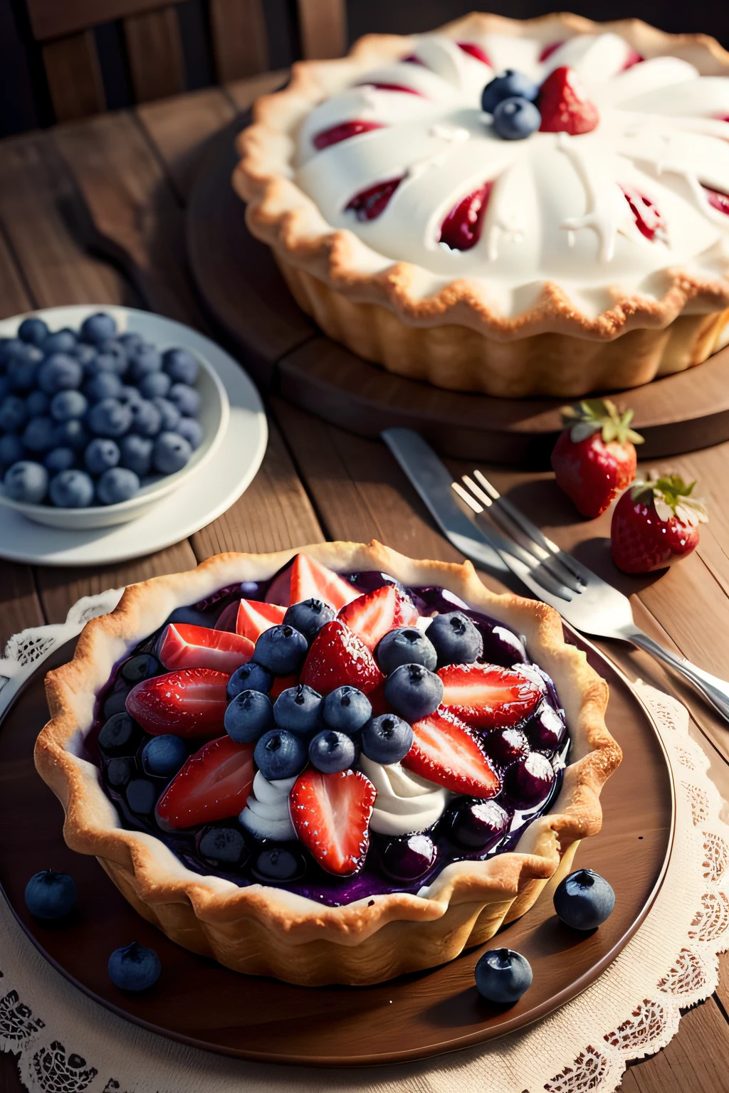 Blueberry pie with strawberries on a table with decoration