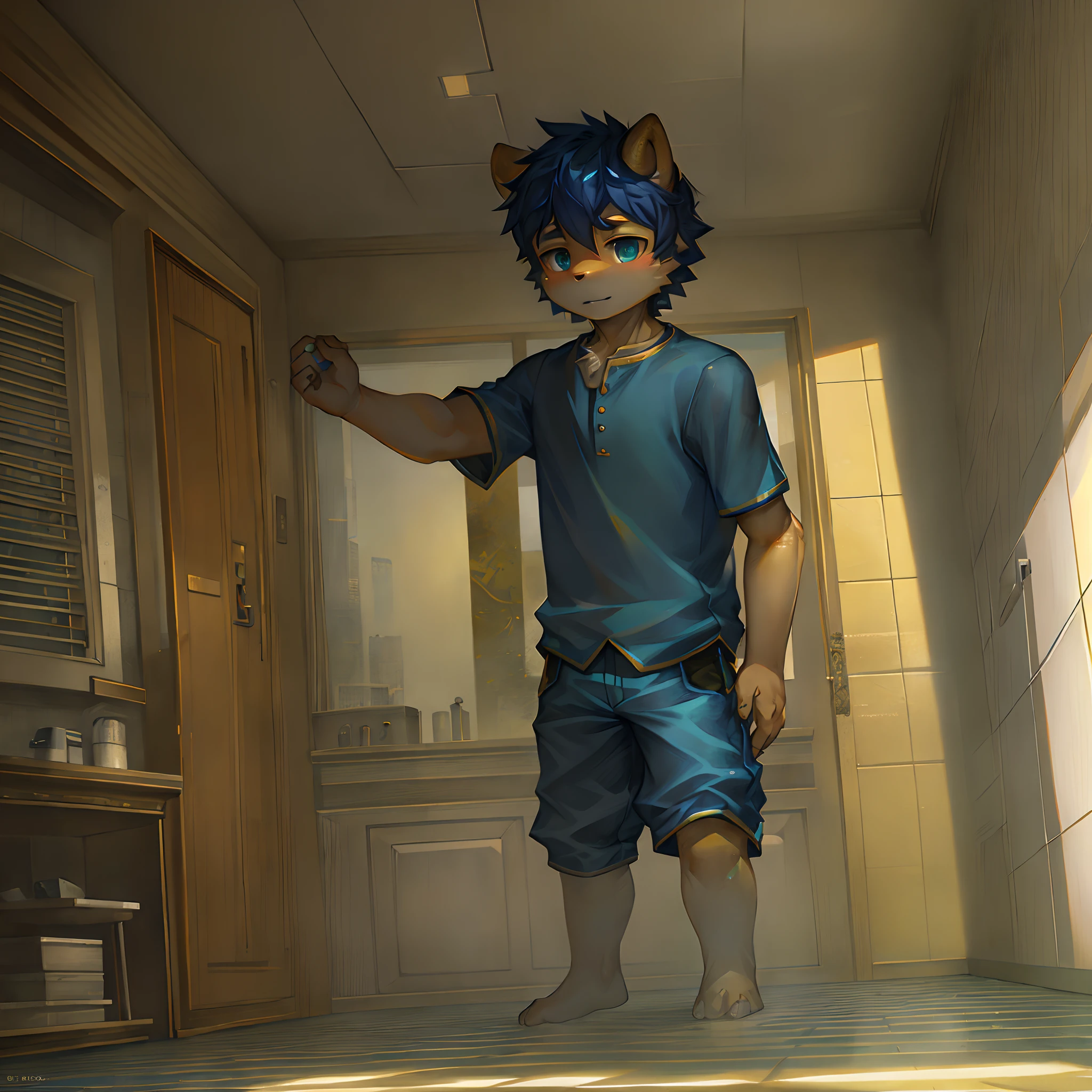Humanoid golden mechanical dragon,Wears blue short sleeves,Standing on the tiled floor of the apartment。high-definition image,Rich and realistic in detail,high qulity。Extremely detailed CG