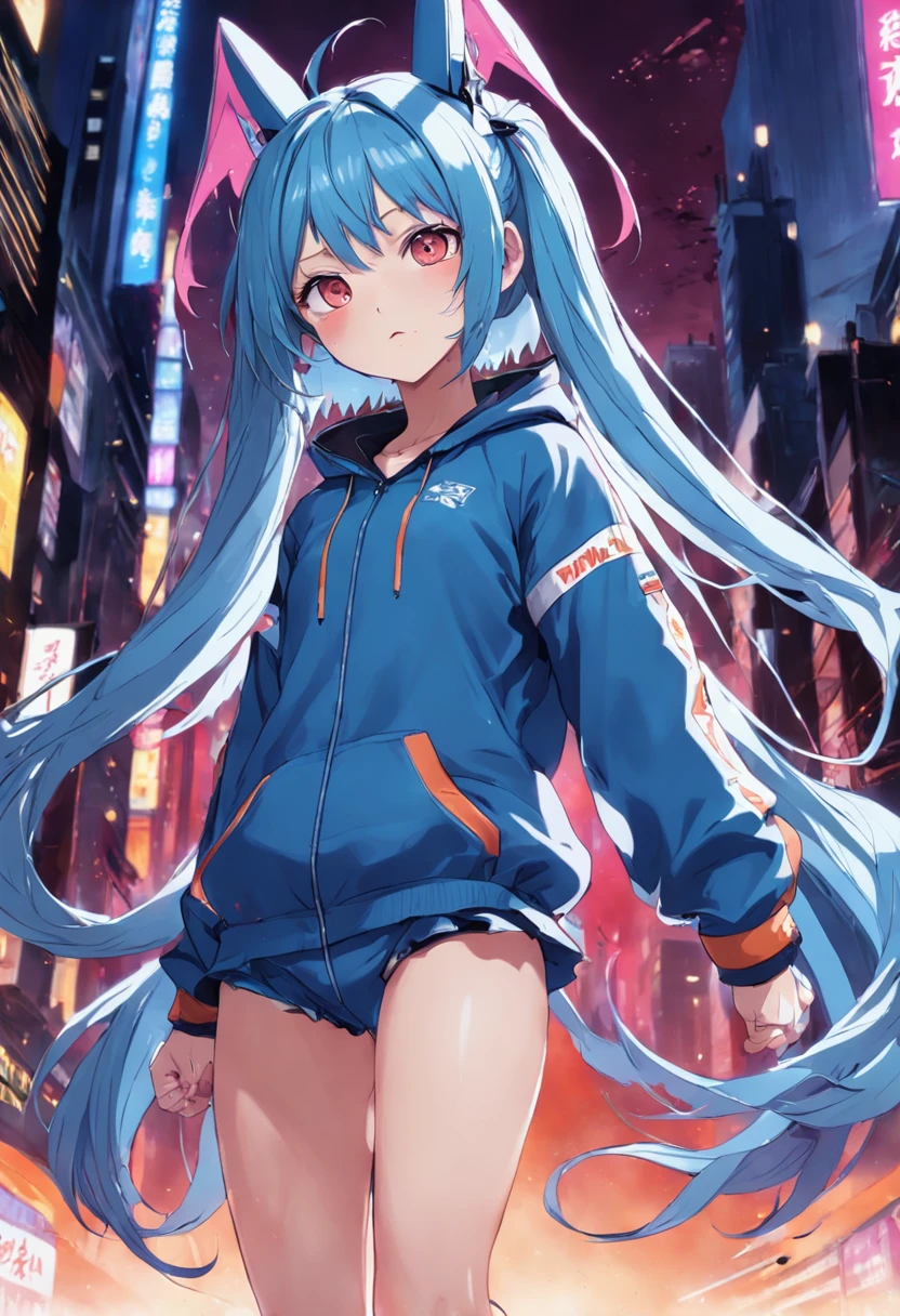((tomgirl、s girl、the head is small、The face is small、short、the body is thin))、blue hairs、long hair with twin tails、 Wearing a colorful and bukabuka hoodie、Inner racing suit、 Black nails、jagged teeth、odd eye、