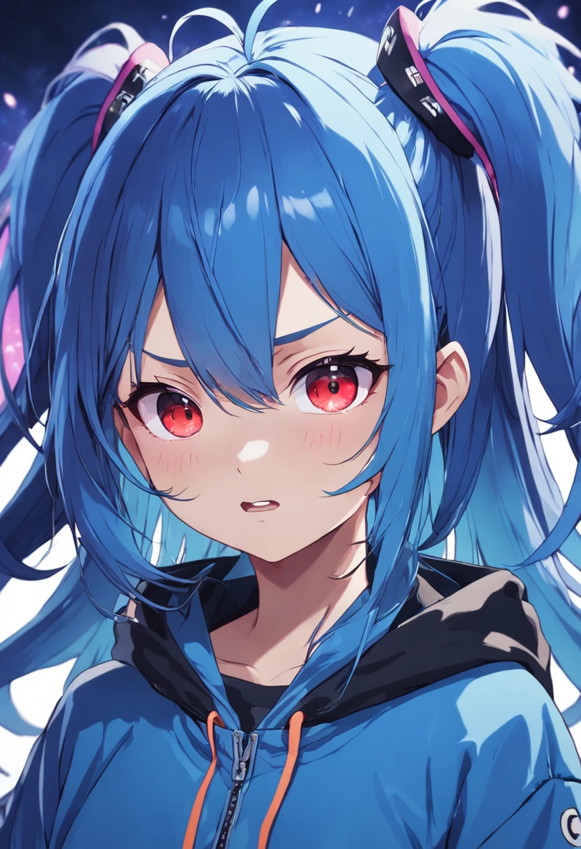((tomgirl、teens girl、the head is small、The face is small、short、the body is thin))、blue hairs、long hair with twin tails、 Wearing a colorful and bukabuka hoodie、Inner racing suit、  Black nails、jagged teeth、odd eye、