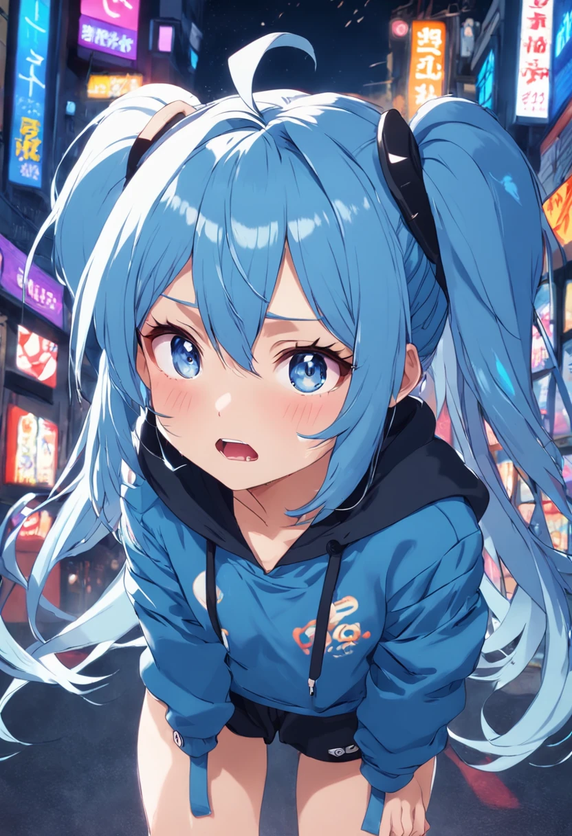 ((tomgirl、s girl、the head is small、The face is small、short、the body is thin))、blue hairs、long hair with twin tails、 Wearing a colorful and bukabuka hoodie、Inner racing suit、 Black nails、jagged teeth、odd eye、