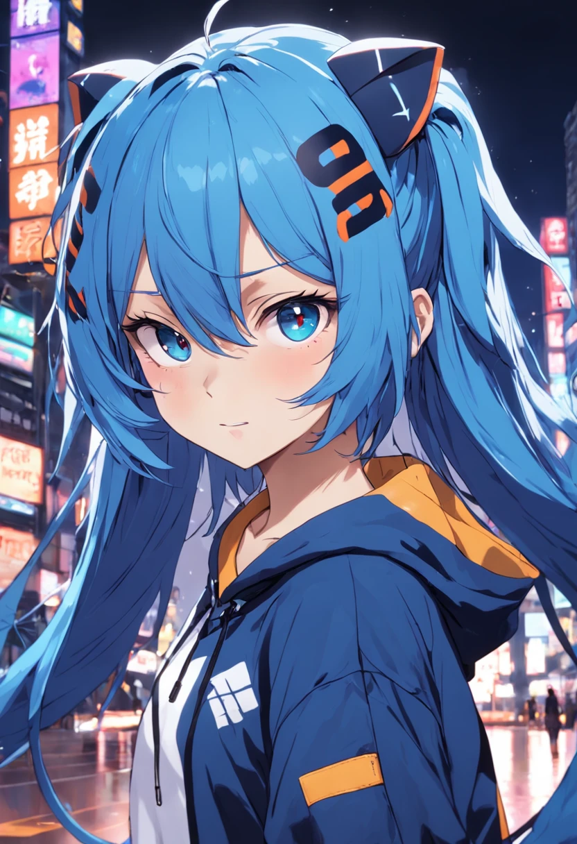((tomgirl、s girl、the head is small、The face is small、short、the body is thin))、blue hairs、long hair with twin tails、 Wearing a colorful and bukabuka hoodie、Inner racing suit、 Black nails、jagged teeth、odd eye、