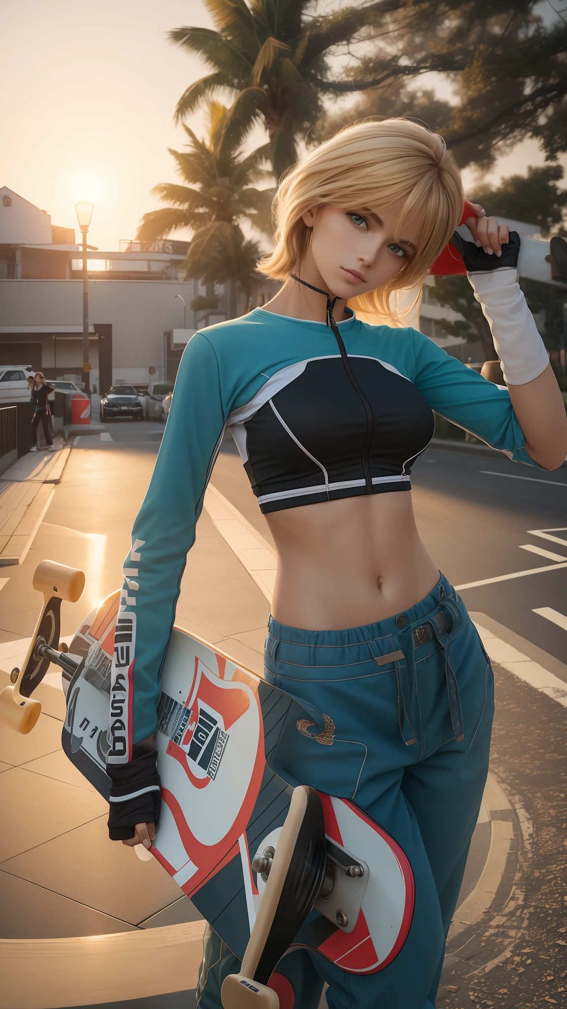 (Best quality , masterpiece , high-res , photography ), there is a woman that is holding a skateboard on a street, sporty style outfits ,