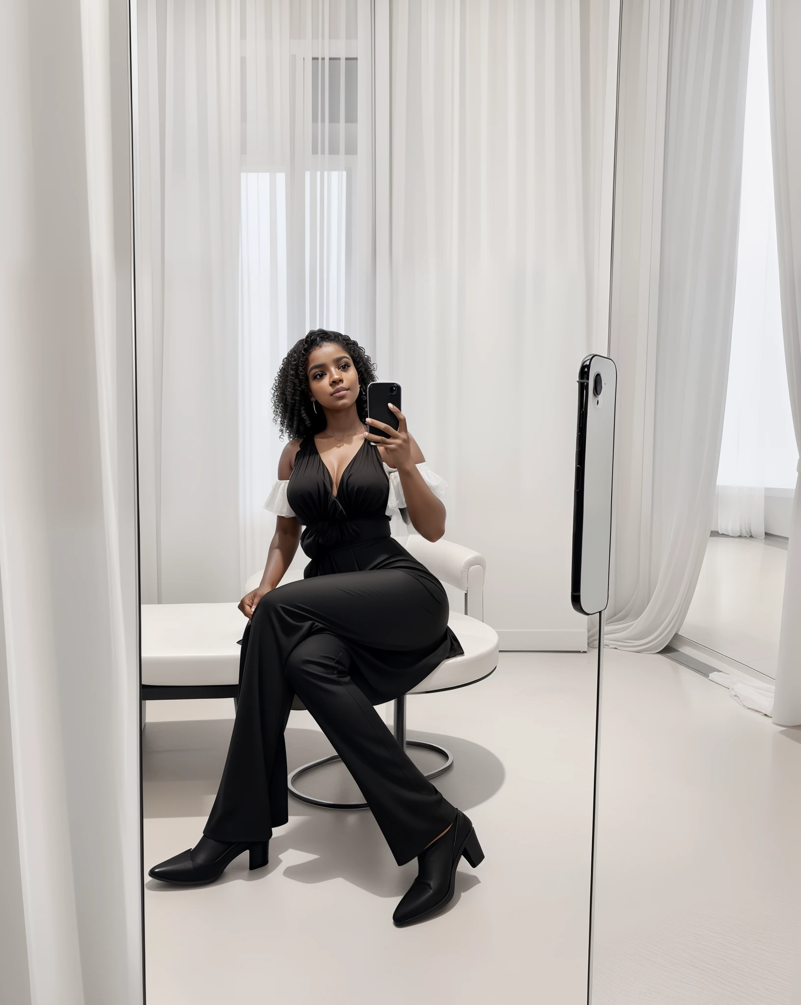 atmosfera rica, elegante, iPhone 11 preto, selfie espelho , mulher negra , curly hair.