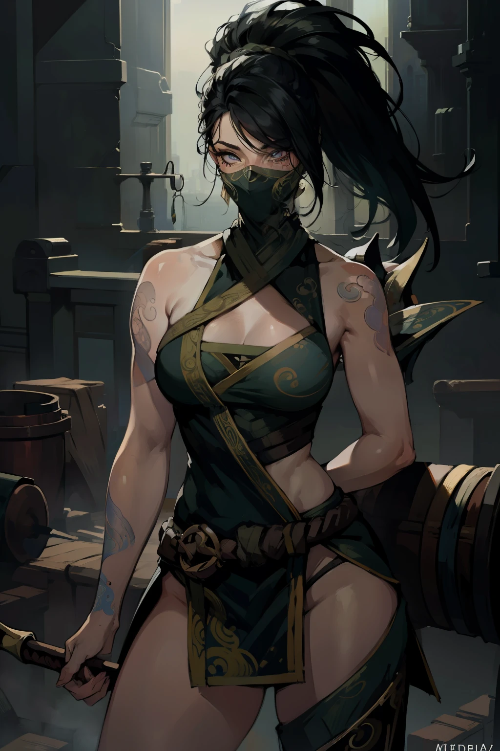 ((best quality)), (Highest image quality) (Detailed eye description) ((masterpiece)) (((akali)), 1girl, (((league of legends))), ((detailed: face)) solo, ((muscular)), looking at viewer, abs, mask, from below, navel, angry eyes, low camera angle, perfect anatomy, cuddling in bed, in bed, mask, raised arms, laying in bed, underboob, wide hips, large breasts, toned body, shredded