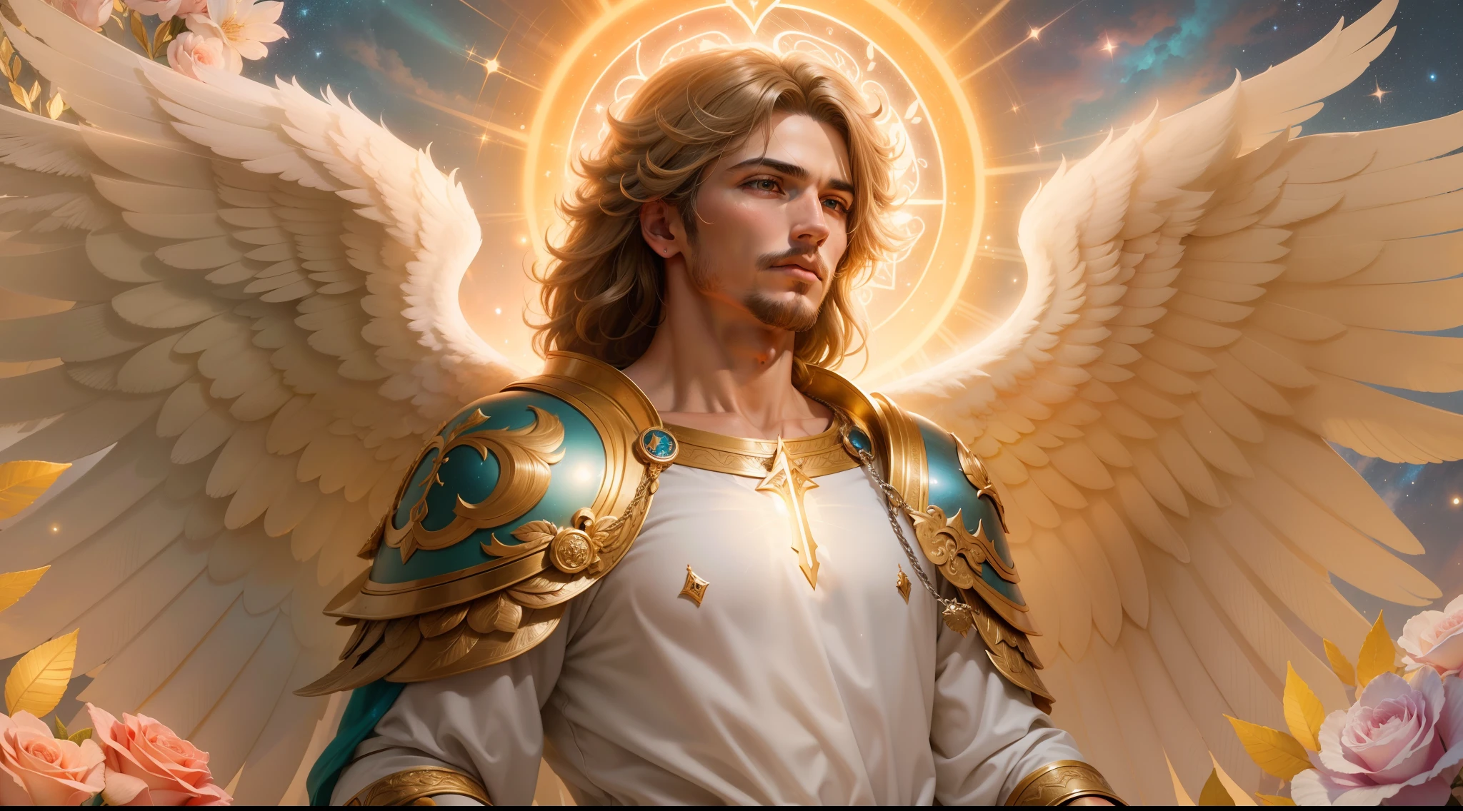 um personagem masculino bonito meia idade, o arcanjo Miguel, imagem celestial, detalhes intricados, realista, asas ROSAS e grandes, fundo angelical, Catholic illustrative image of the archangel Michael, Male character of the Bible, Michael is wearing his angelic armor, cosmic background, Illumination in the Archangel and in the background, imagem do corpo todo do anjo, Maximum detail and his angelic face and wings, pele perfeita realista, Maximum image quality, Miguel ele esta destacado na imagem com cores fortes e chamativas, asas grandes