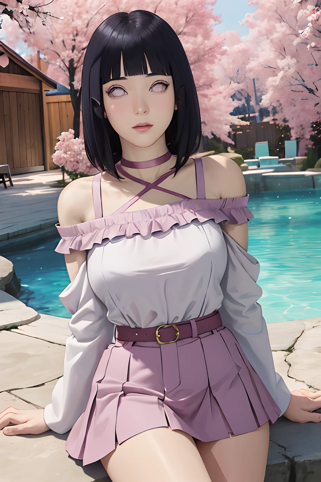 masterpiece, absurdres, hinata\(boruto\), 1girl, solo,mature female, off-shoulder strap bra, high waist short skirt, looking at viewer, (falling petals), perfect composition, detailed lips, big breast, beautiful face, body propotion, blush, (pink lips), long hair,  purple eyes,  soft gaze,  super realistic, detailed, photoshoot, realistic face and body,