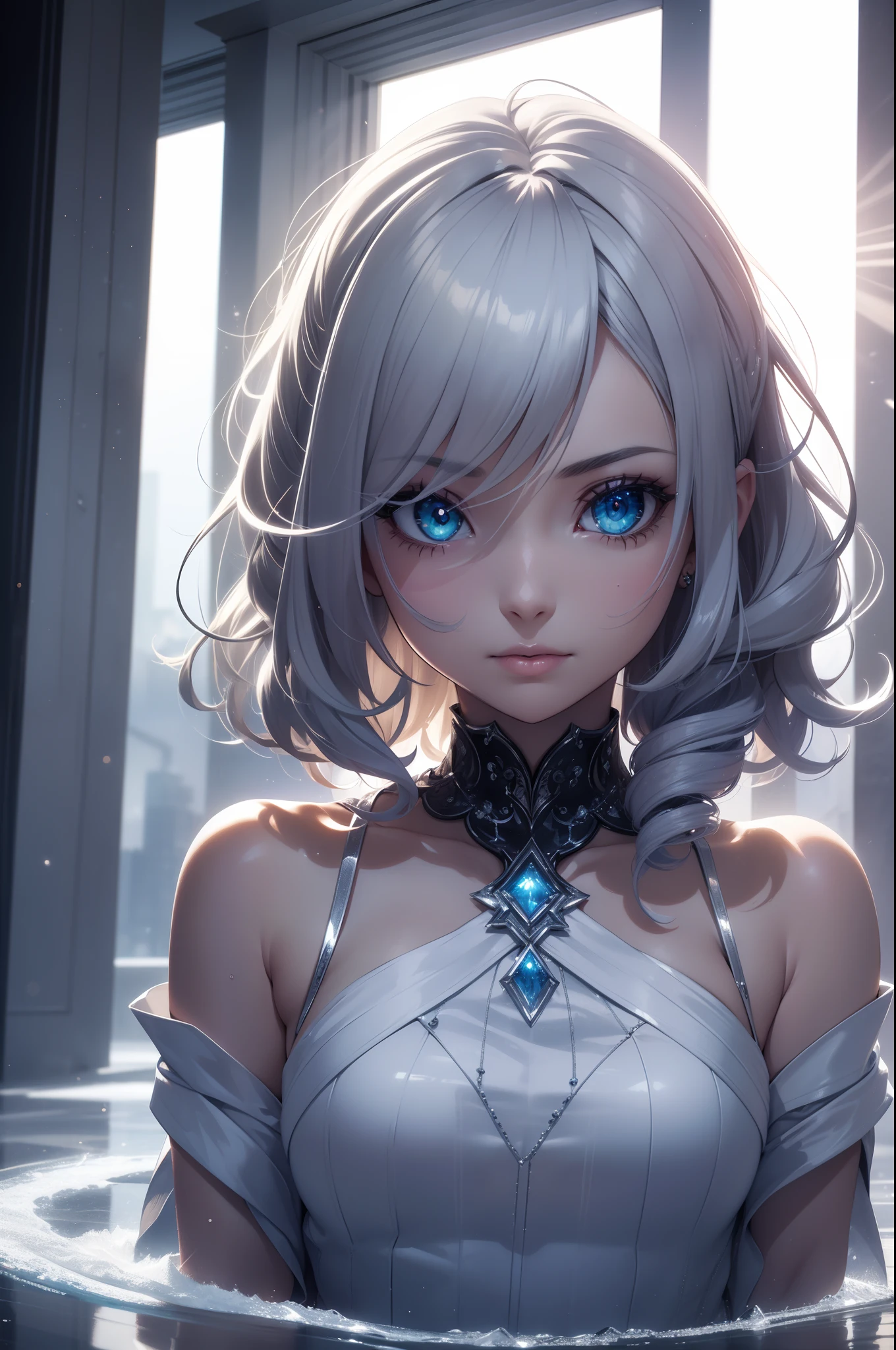 (a)woman,young,19 years old,shorthair white hair,(shorthair:white hair:1.1),skin as white as snow,cold gaze,black clothes,[grey robe],cape,half body,(background:blue lights),(blue-eyed:crystal eyes),(ice blue eyes),(icy:blue eyes),(intense:blue eyes),(crystal clear eyes),(intense gaze),(sharp gaze),(piercing gaze)