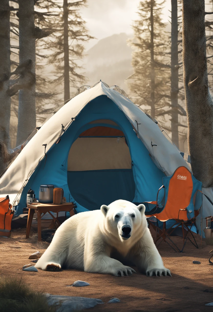 Polar bear chilling while camping、The main color is cool blue、Secondary color is natural white、Outdoor landscape in the background、A realistic yet relaxed polar bear sits by a campfire。The design emphasizes the fur of the polar bear and the texture of the tent fabric.。