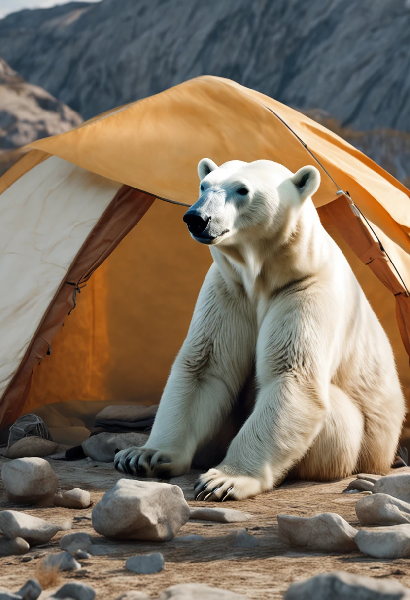 Polar bear chilling while camping、The main color is cool blue、Secondary color is natural white、Outdoor landscape in the background、A realistic yet relaxed polar bear sits by a campfire。The design emphasizes the fur of the polar bear and the texture of the tent fabric.。