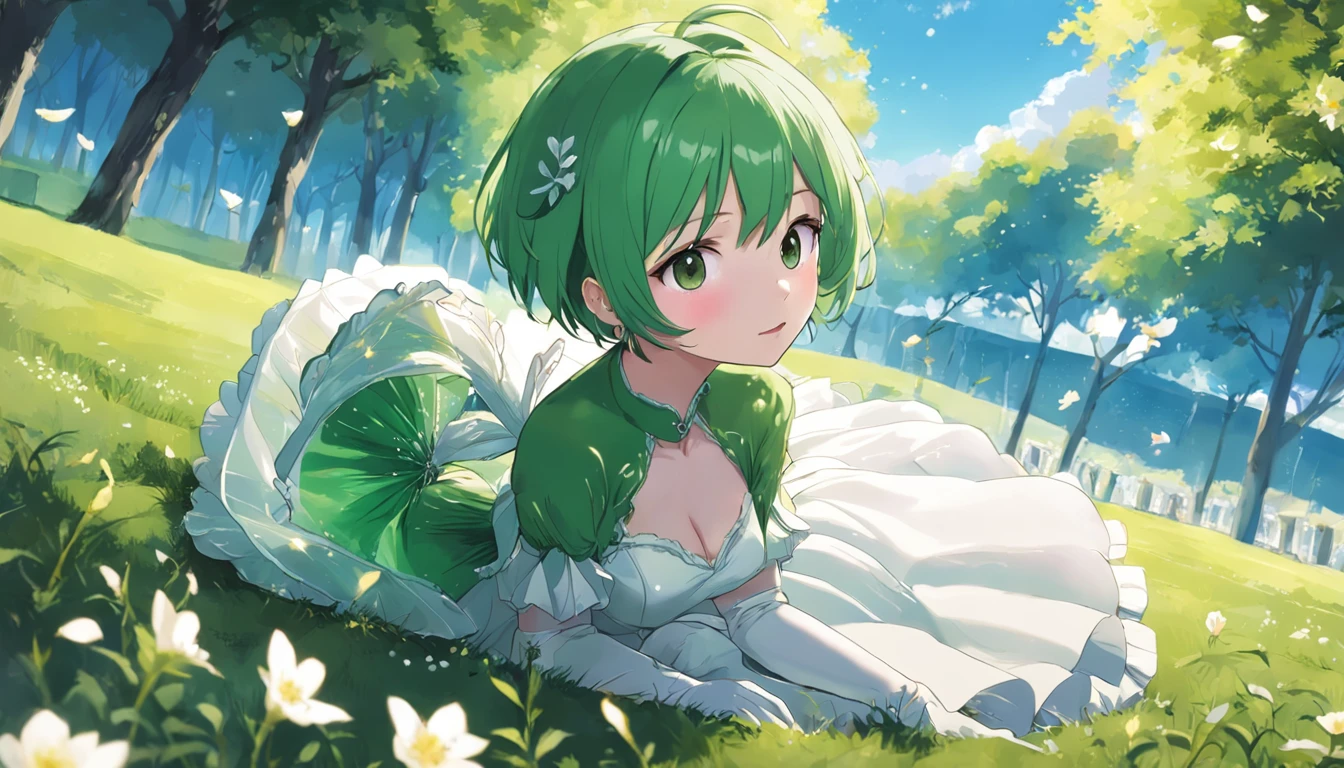 masutepiece,Best Quality,ultra-detailliert, (Detailed drawing hand), 1girl in , Solo , Solo Focus , Full body, Bridal Veil, white thighhig, elbow groves , Short hair,Floating hair, Outdoors,(on grass:1.2), Blue sky, tree,flower,chies,Green Satin Long Gloves, Green Wedding Dresses, Green shorthair, lipsticks, the kiss, Bride Green Pearl Necklace, Green Bride, lesbian