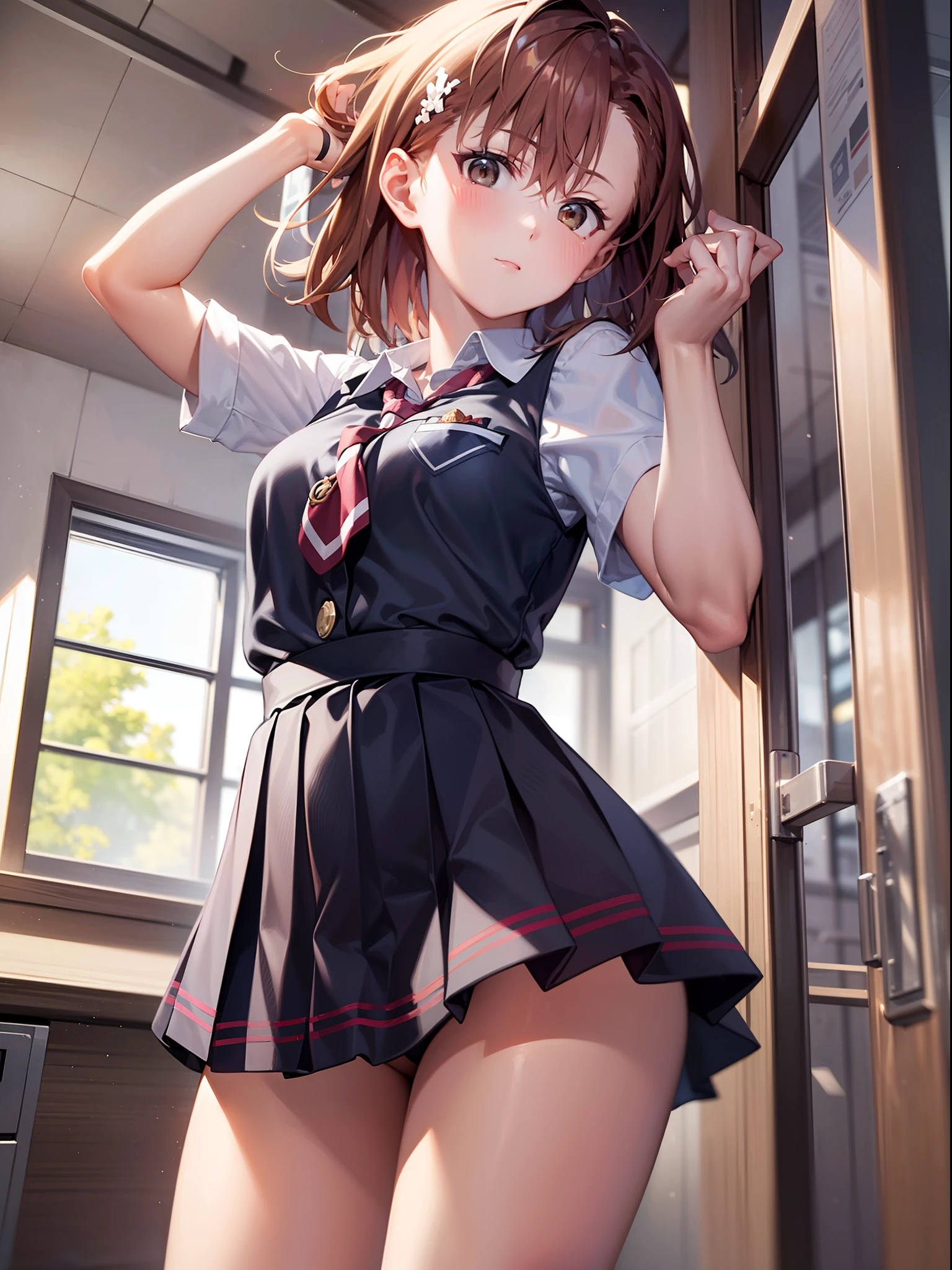 (((Mikoto Misaka))), (((Taking off school uniforms))), The highest image quality, hightquality, high detailing, 超A high resolution, 8K resolution, depth of fields, Cinematography, intricate detailes, Elaborate, meticulous, Magnificent, Maximum Detail, Extreme beauty